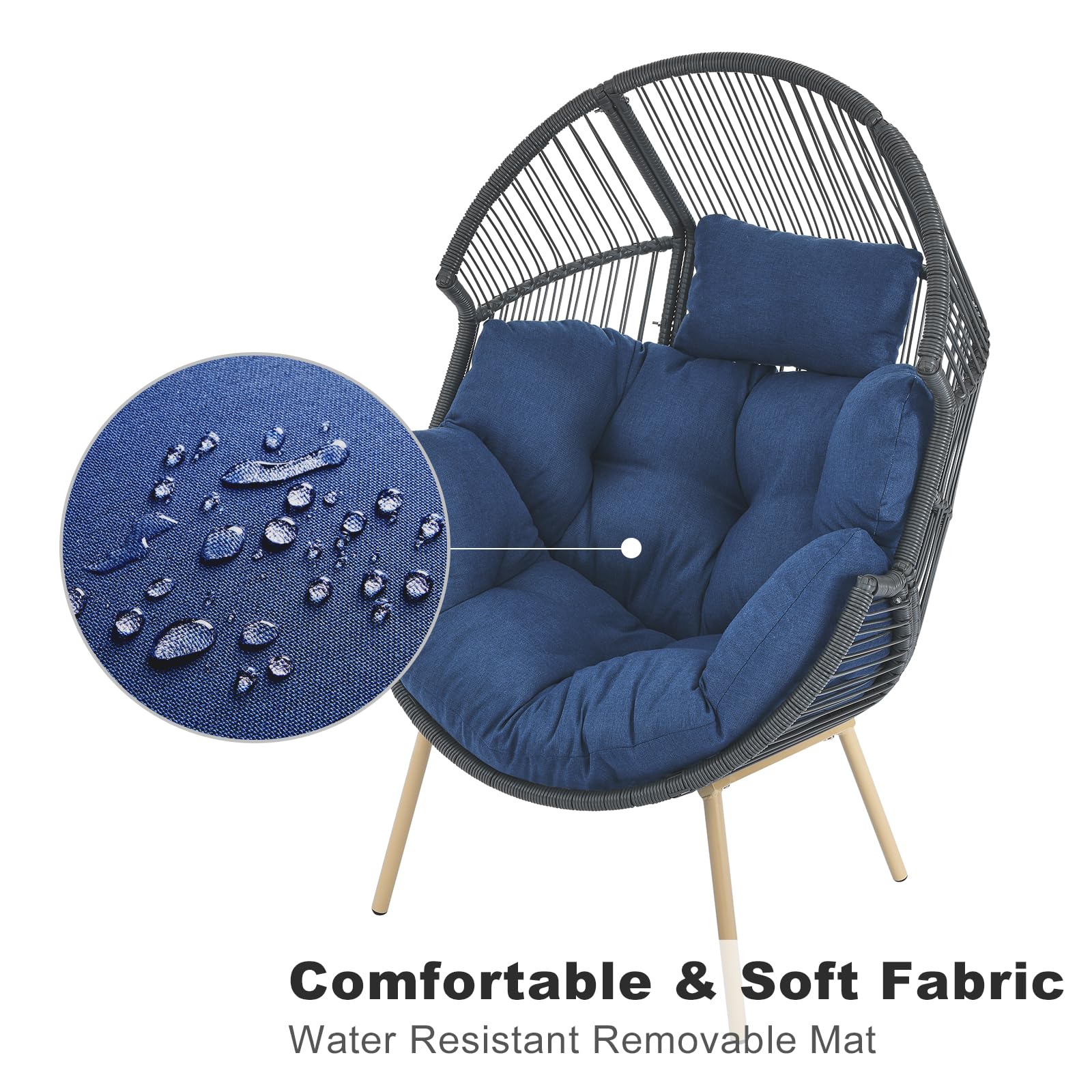 Outdoor Wicker Ottoman with Thick Cushion - Rattan Footrest Stool for Patio, Porch, Backyard & Garden - Grey/Blue - Perfect for Relaxing, Sunbathing & Outdoor Entertaining