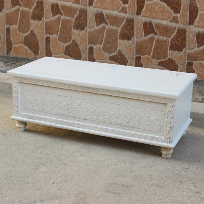 Hand Carved Floral Blanket Box - White Wooden Storage Chest for Blankets, Pillows & Linens | Perfect for Bedroom, Nursery & Home Decor Organization