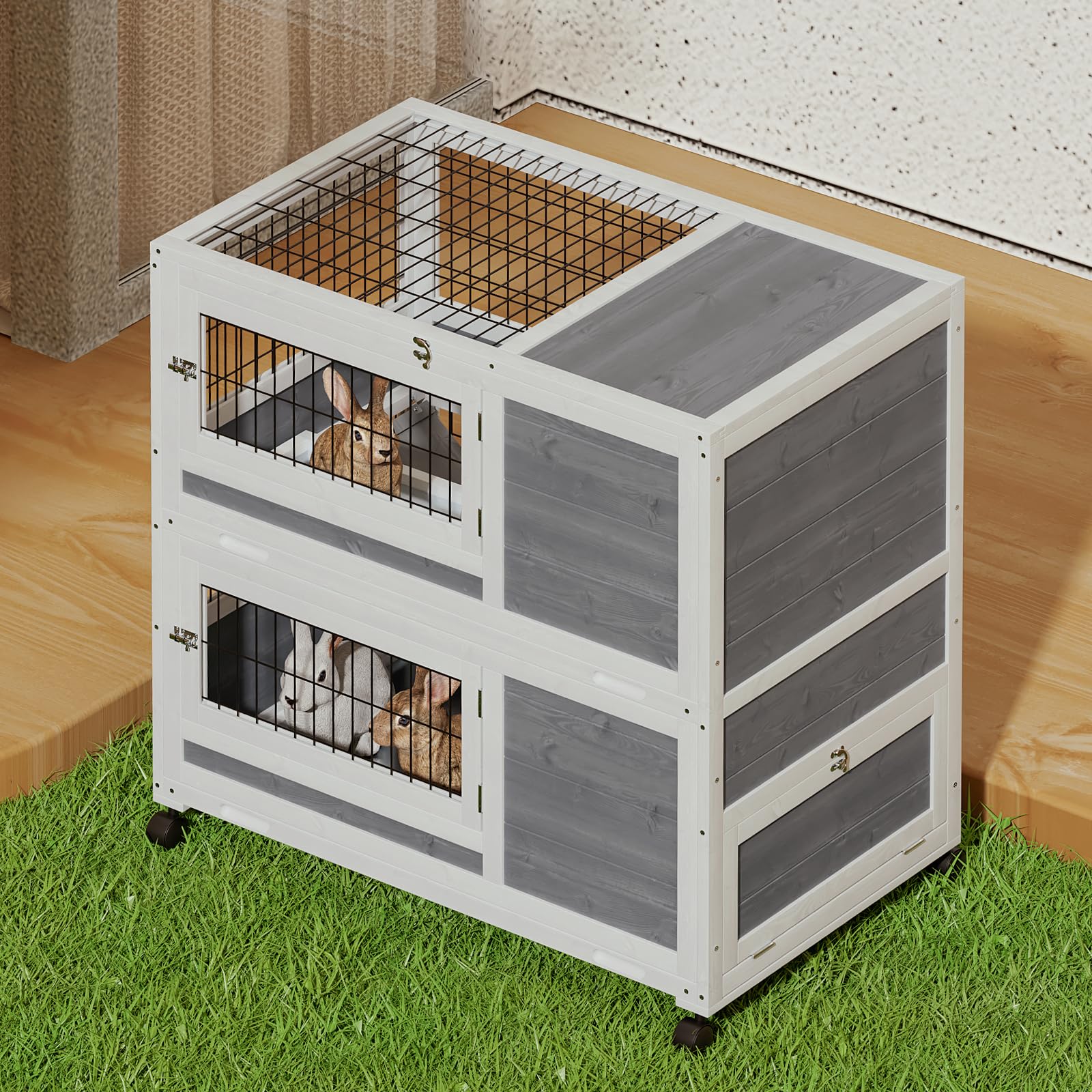 MoNiBloom 35.5 Inch Indoor/Outdoor Rabbit Hutch with 2 Deep No-Leak Trays & 4 Wheels - Bunny Cage with Run for Small Animals, Grey - Perfect for Backyard, Patio or Indoor Pet House