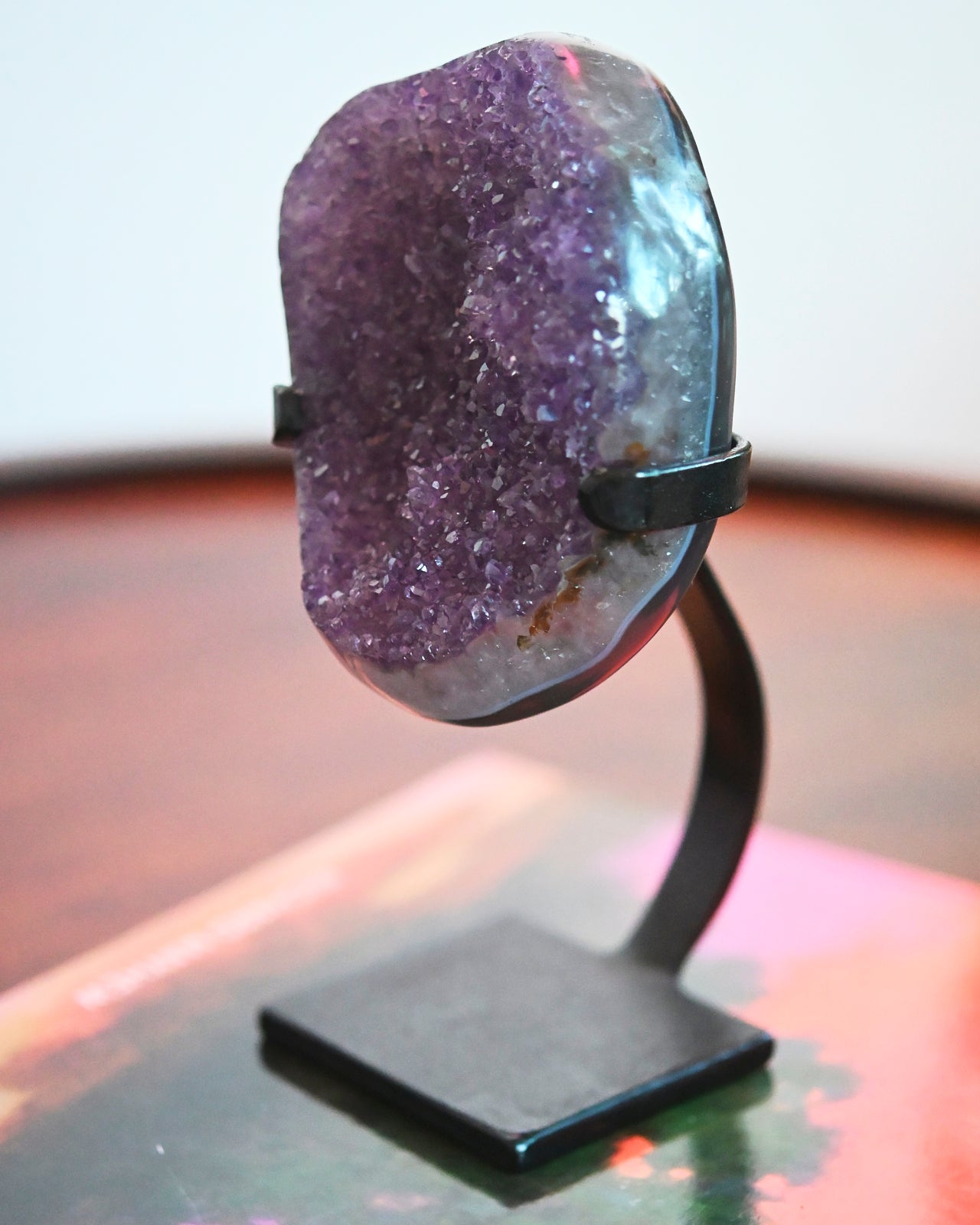 Natural Amethyst Crystal Geode on Wooden Stand - 3.3lbs Healing Stone for Home Decor, Meditation & Spiritual Gifts