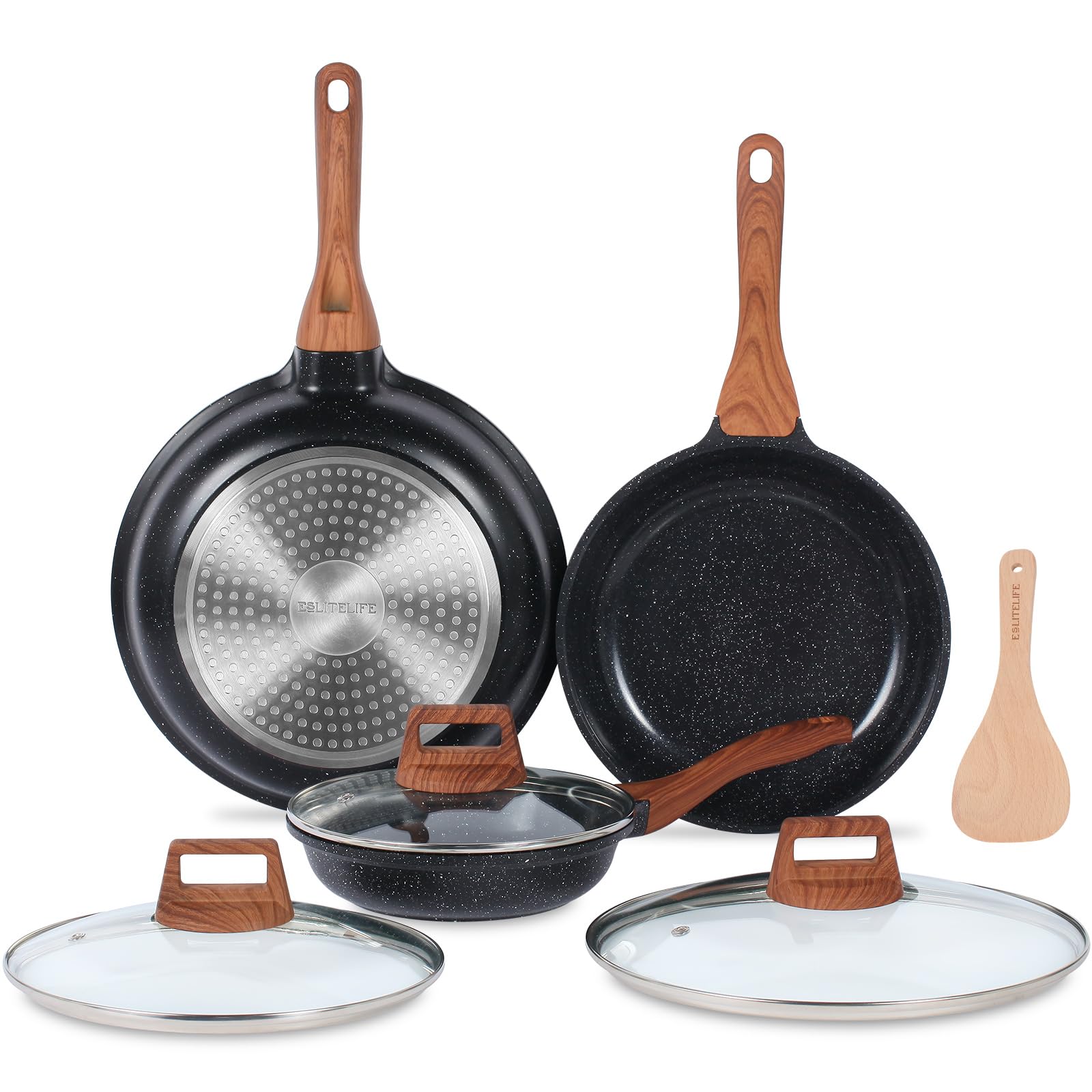 Nonstick Ceramic Frying Pan Set with Glass Lids - 3-Piece PTFE & PFOA Free Skillets for Gas, Electric & Induction Stoves - Healthy Cooking for Eggs, Omelets & Pancakes - Perfect for Family Breakfast & Professional Kitchens