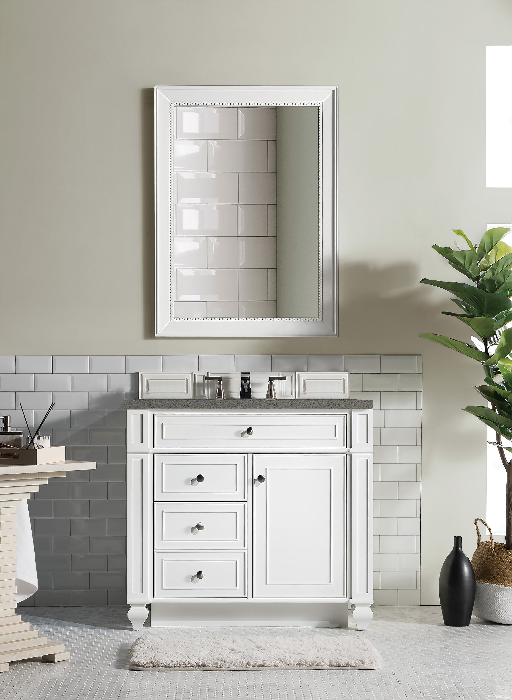 Bristol 36 Inch Single Bathroom Vanity Set with 3CM Grey Expo Quartz Countertop - Bright White Finish for Modern Home & Apartment Bathroom Remodel