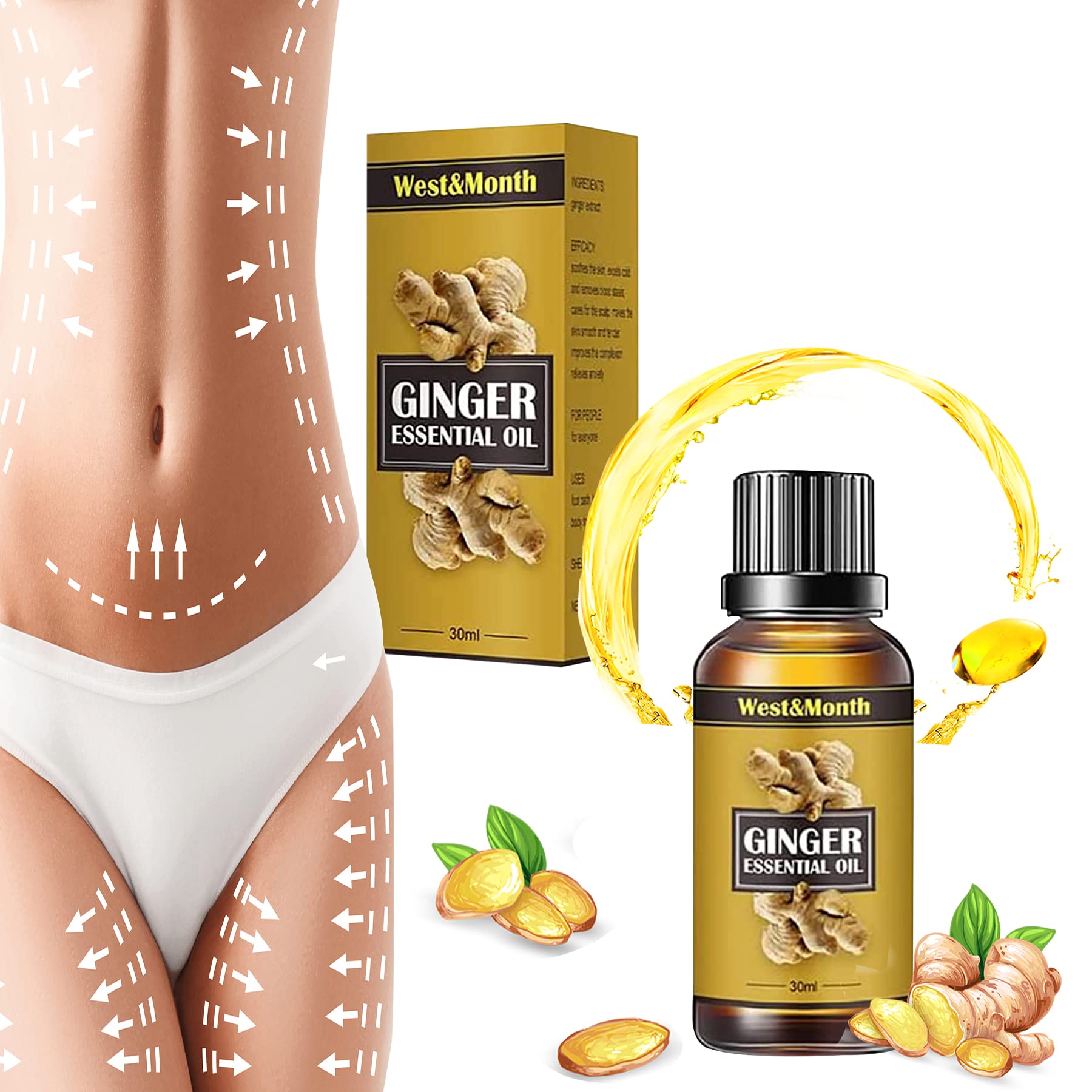 Organic Ginger Oil for Lymphatic Detox & Belly Drainage - Natural Massage Essential Oil for Relaxation & Body Detox - Perfect for Post-Workout Recovery, Spa Treatments & Holistic Wellness (1PC)