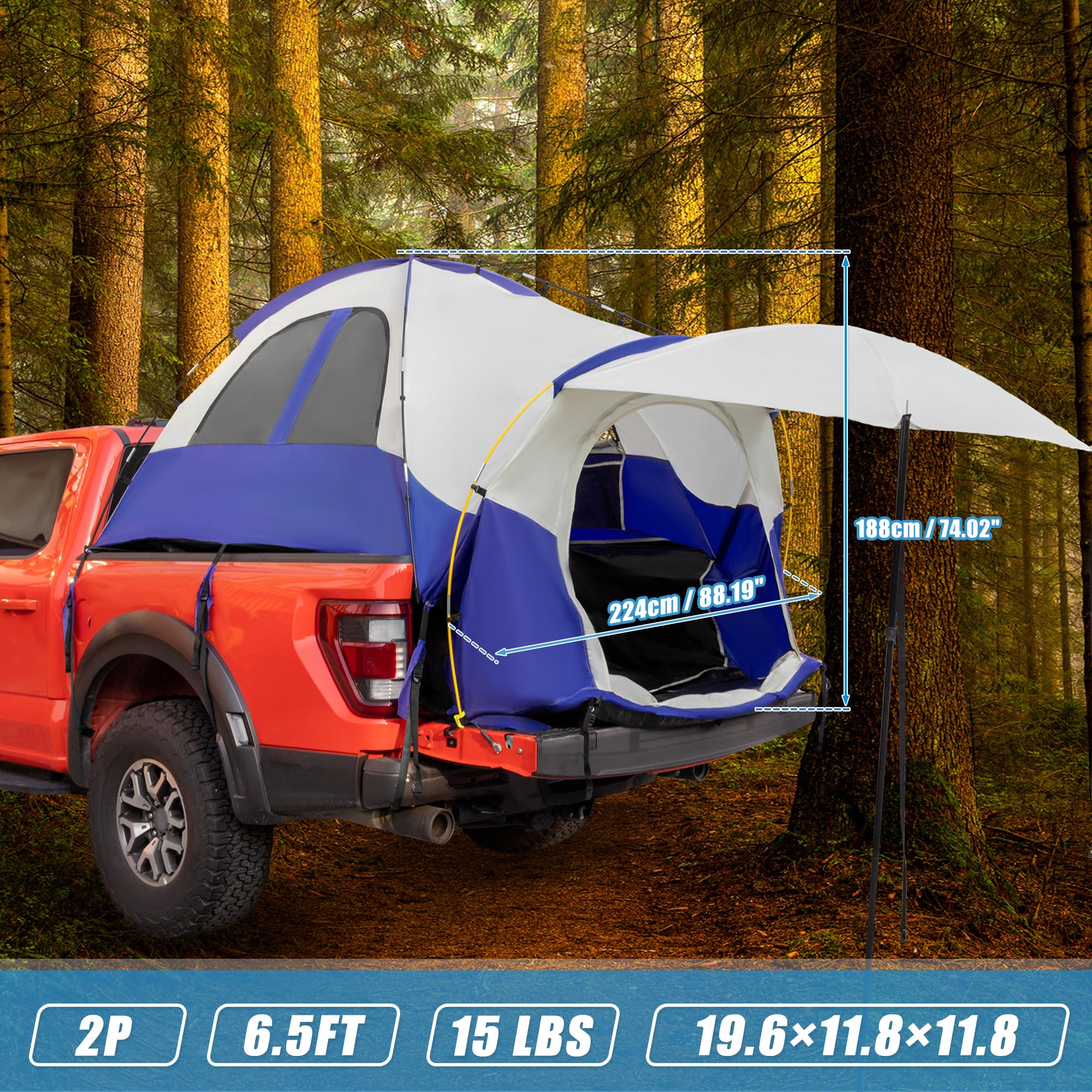 uxcell Waterproof P3000mm 6.4-6.7 FT Pickup Truck Tent - 2-Person Double Layer Truck Bed Camping Tent with Expandable Awning, Rainfly & Storage Bag - Perfect for Outdoor Adventures, Road Trips & Off-Grid Camping