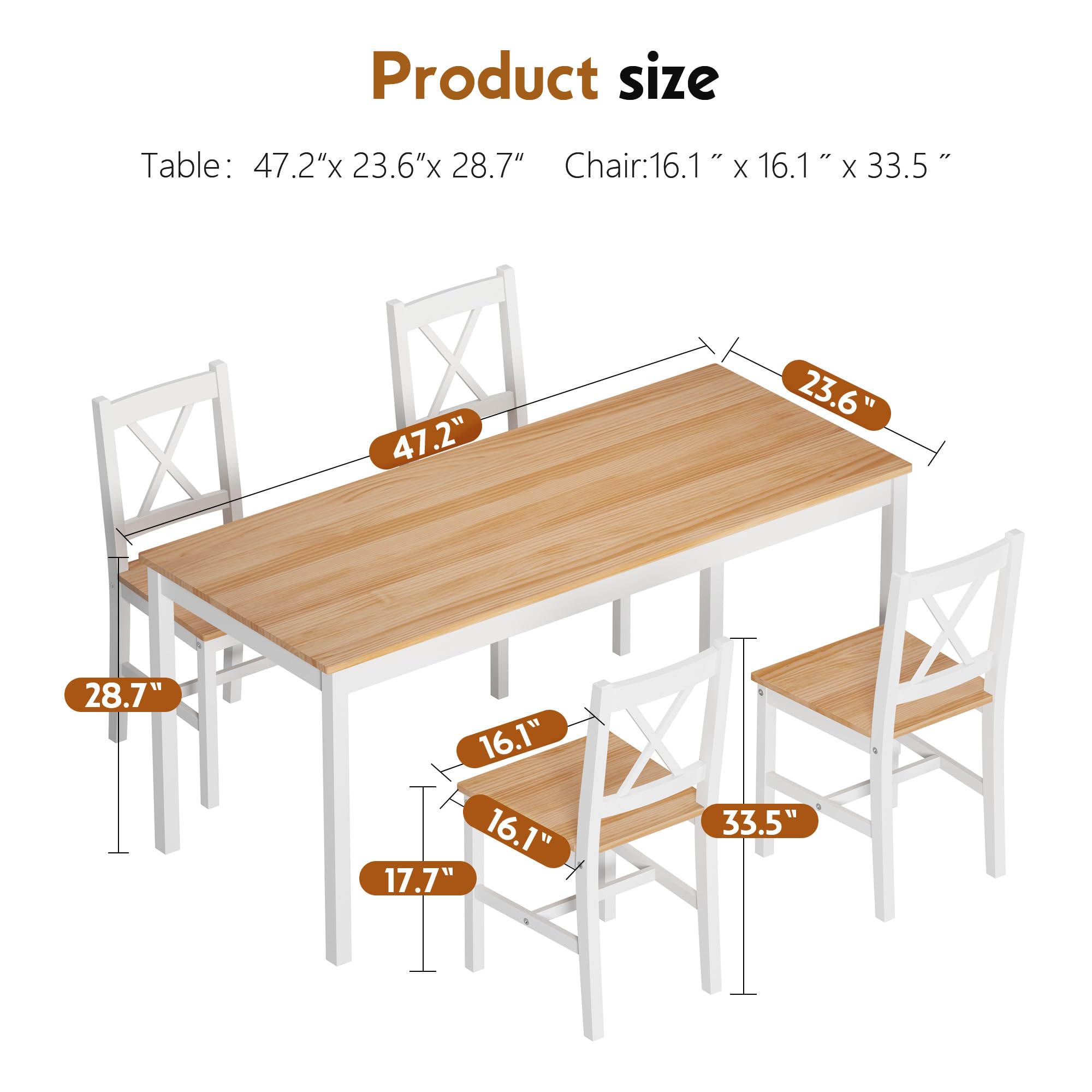Soges 5-Piece White & Oak Dining Table Set - 47.2 Inch Pine Wood Rectangular Kitchen Table with 4 Chairs - Perfect for Small Kitchens, Dining Rooms, and Breakfast Nooks