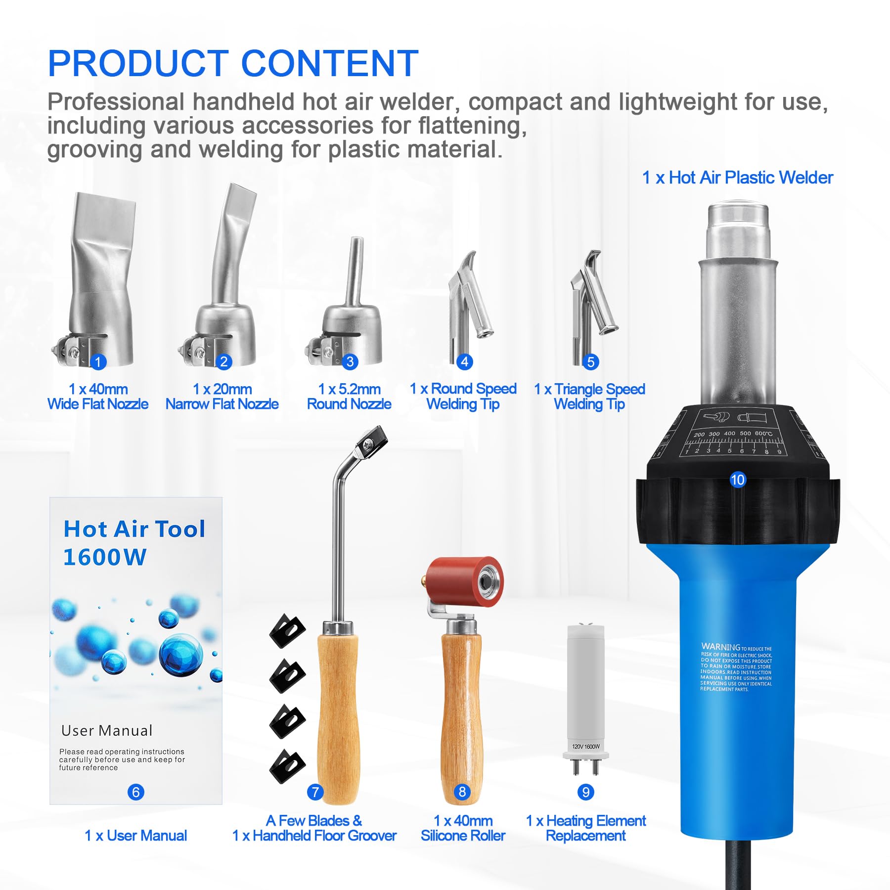 1600W Hot Air Plastic Welder Kit - 110V Vinyl PVC TPO Welding Tool with Multiple Nozzles | Roof Repair, DIY Projects & Plastic Fabrication | Handheld Heat Gun for Sealing, Bonding & Welding