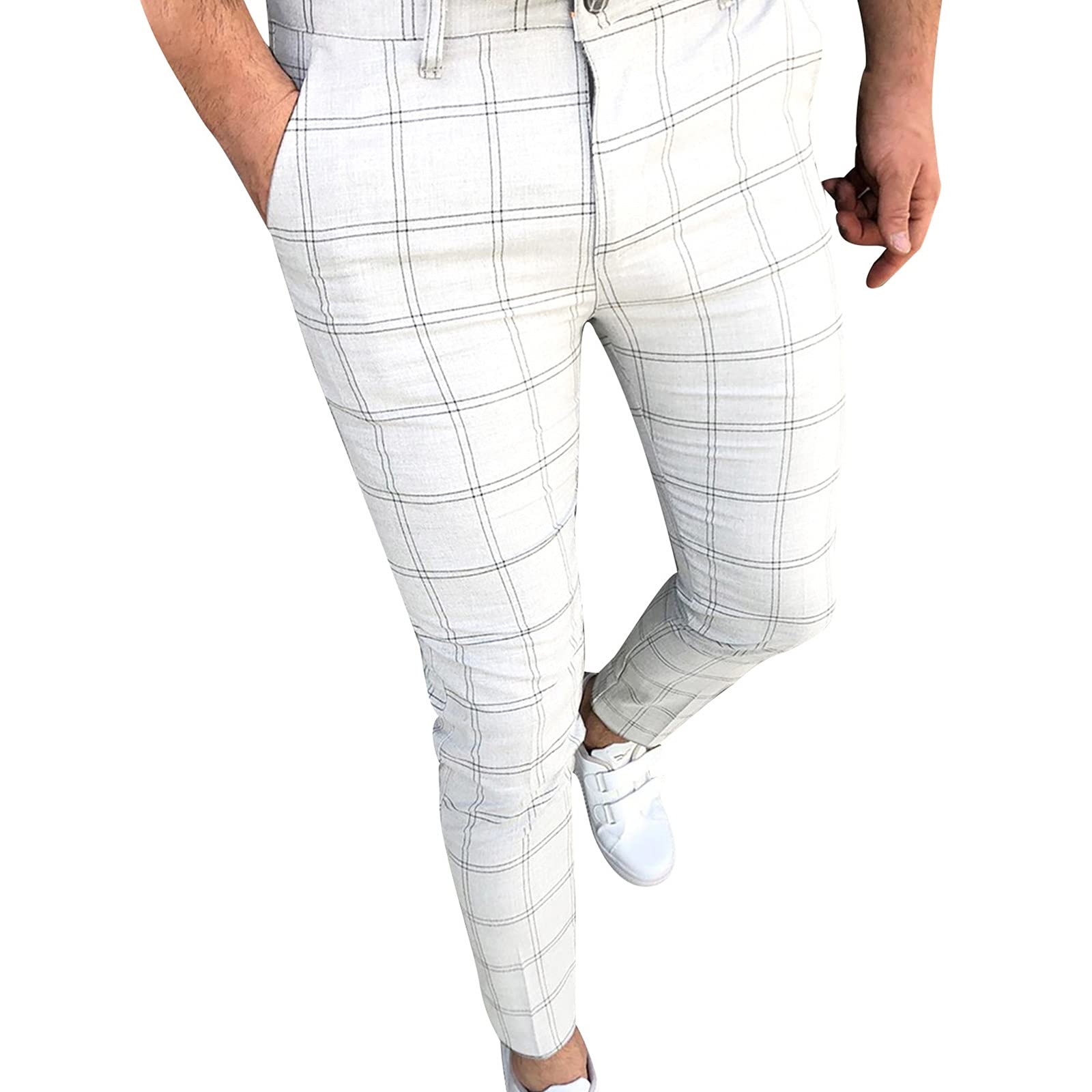 Bravetoshop Men's Slim Fit Stretch Dress Pants - Flat Front Business Casual Trousers for Work & Office | Plaid Skinny Fit | White XL | Perfect for Weddings, Interviews & Professional Events