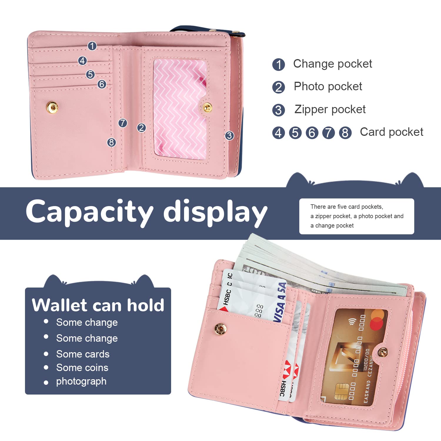 EVEOUT Women's Wallet - PU Leather Bifold Wallet with Coin Purse & Card Slots, Compact & Stylish Money Organizer (Blue) - Perfect for Everyday Use, Travel, and Gift Giving