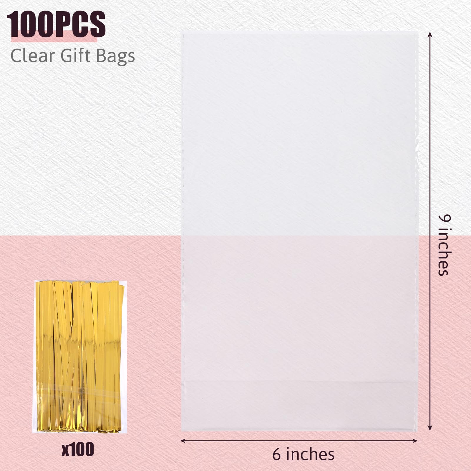 Shindel 100PCS 6x9 Inch Clear Cellophane Gift Bags with Ties - Perfect for Cookies, Candies, Bakery Treats & Christmas Gift Wrapping - Great for Parties, Weddings, Baby Showers & Holiday Gifting