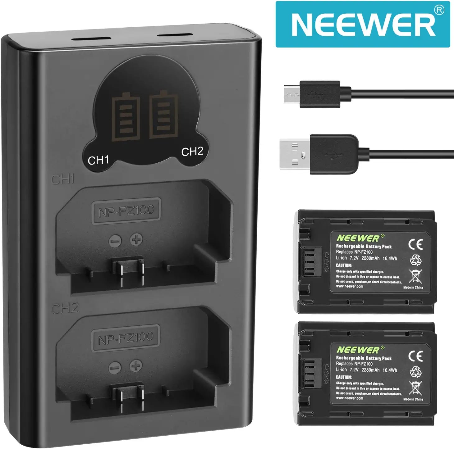 NEEWER NP-FZ100 Replacement Battery Charger Set for Sony Cameras - Compatible with Sony A7 III, A7R III, A9 & More - Perfect for Travel, Vlogging & Professional Photography