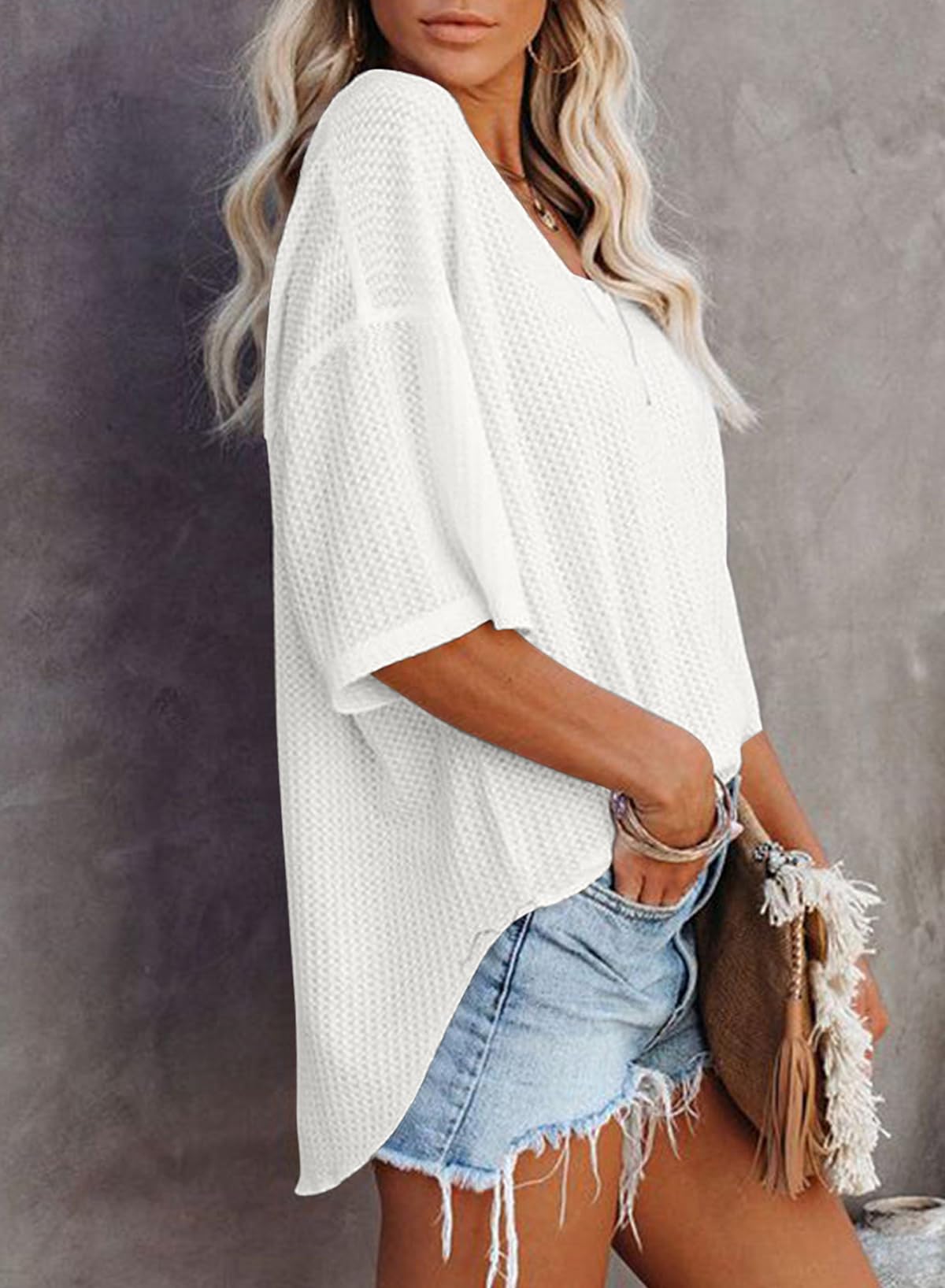 SHEWIN Women's Casual Waffle Knit T-Shirt - Short Sleeve V-Neck Summer Top for Everyday Wear | Perfect for Work, Weekend & Vacation Outfits