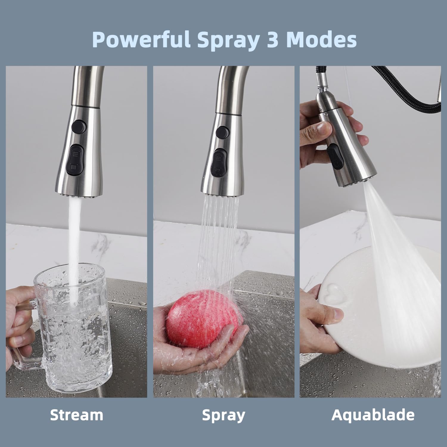 iFealClear Universal Pull Down Kitchen Faucet Spray Head Replacement - Brushed Nickel Finish, 3 Spray Modes, 15 Adapters - Compatible with Moen, Delta, American Standard Faucets - Perfect for Washing Dishes, Cleaning Sinks & Food Prep