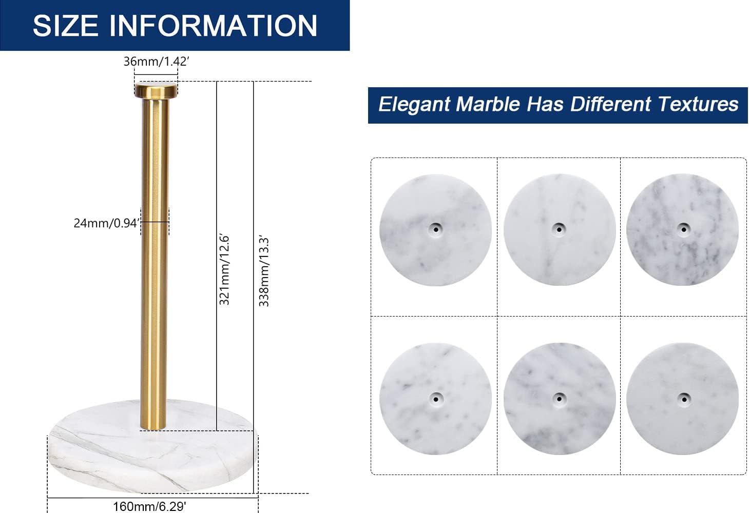 NearMoon Standing Paper Towel Holder - Premium Brushed Gold with Marble Base for Standard & Jumbo Rolls | Stylish Kitchen & Bathroom Countertop Organizer | Perfect for Cooking, Cleaning & Home Decor