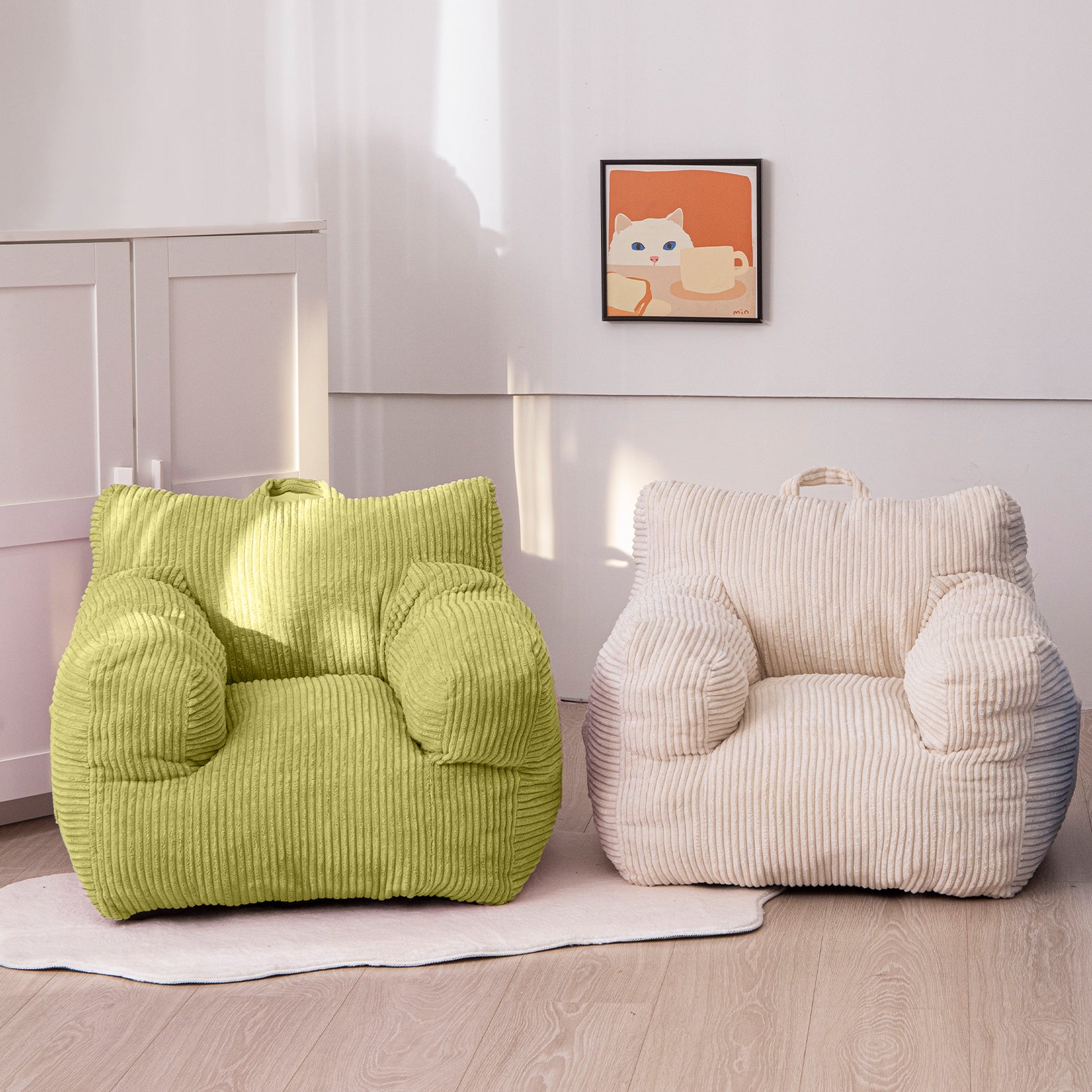 MAXYOYO Kids Bean Bag Chair - Soft Corduroy Bean Bag Couch with Armrests for Children's Bedroom, Playroom & Dorm (Green) - Perfect for Reading, Gaming & Relaxing