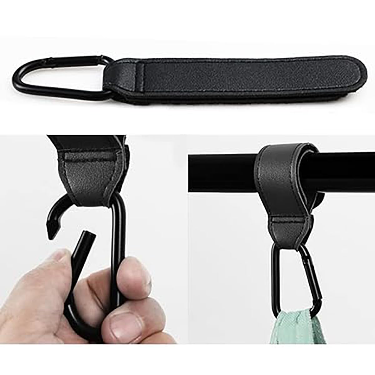 4PCS Premium Leather Stroller Hooks - Heavy Duty Multipurpose Bag Clips for Diaper Bags, Pet Carts & Grocery Shopping (Black & Brown) - Perfect for Baby Strollers, Shopping Carts & Travel Accessories