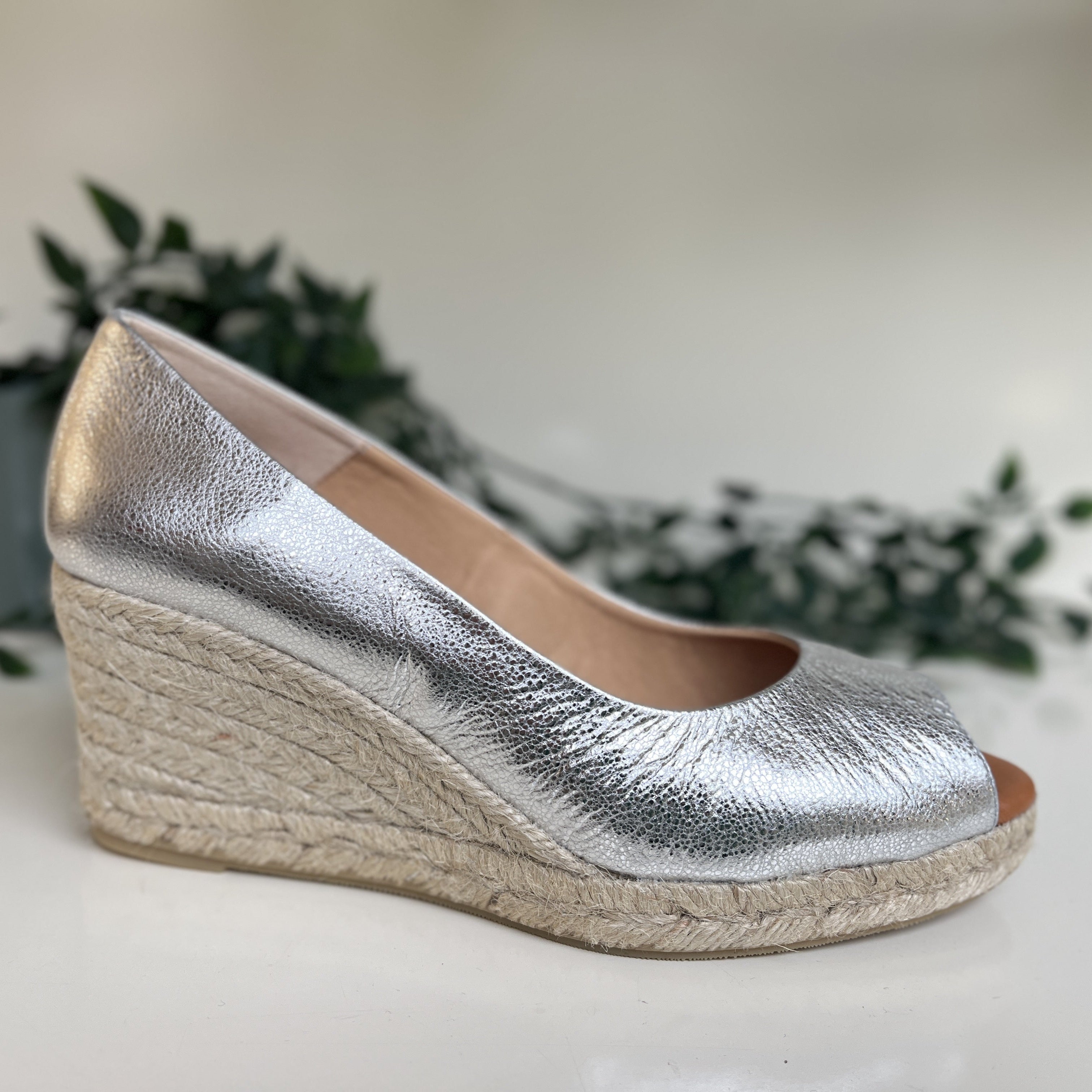 MARIAN Women's Silver Peep Toe Wedge Espadrille Shoes - Comfortable Summer Sandals for Beach, Wedding & Casual Outings