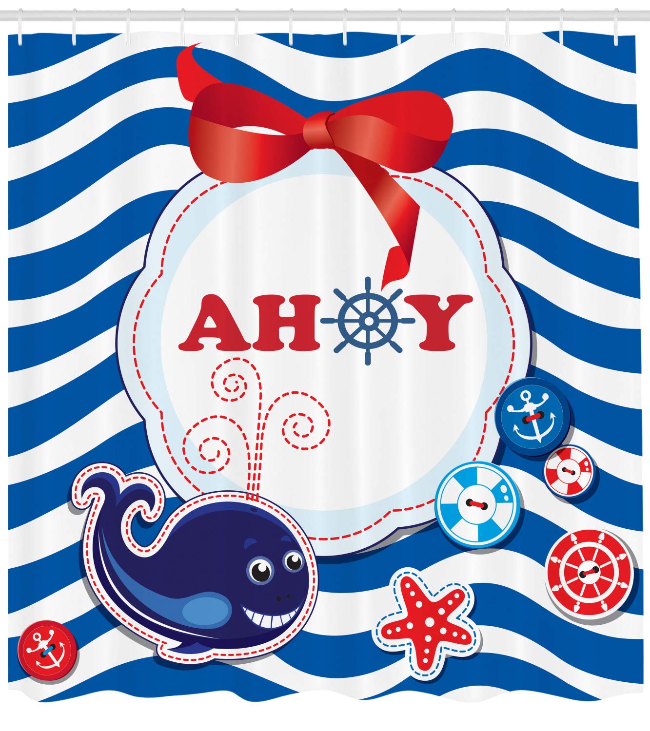 Ambesonne Cartoon Shower Curtain - Nautical Whale & 'Ahoy' Design, 69x75 Inch Waterproof Bathroom Decor Set with Hooks, Cobalt Blue & Vermilion - Perfect for Kids' Bathrooms, Beach Themed Decor & Coastal Home Style