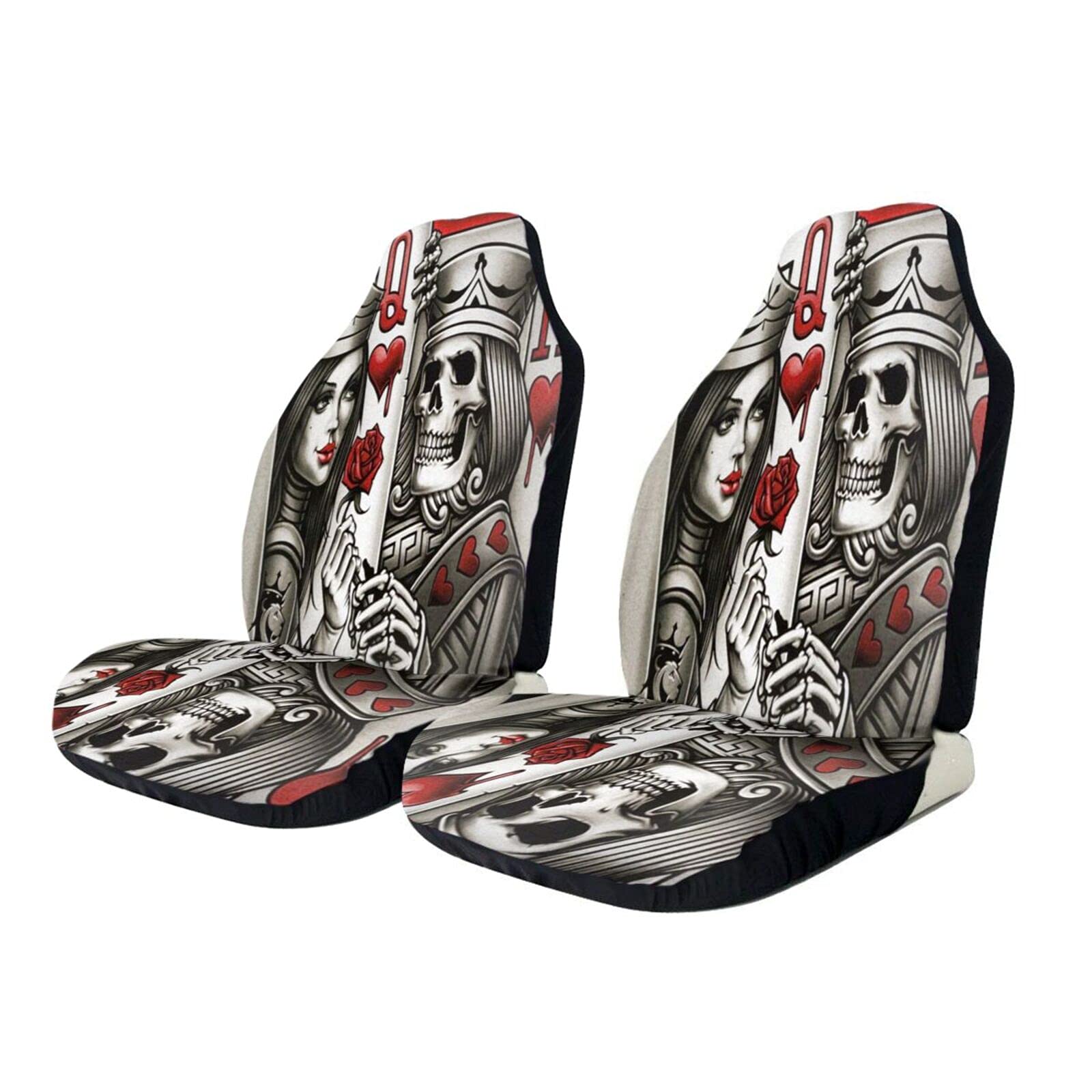 Universal Car Seat Covers - King & Queen of Hearts Skeleton Design, Front Seat Cushion Protector for Cars, Trucks, SUVs & Vans | Perfect for Halloween, Gothic Style & Themed Car Decor