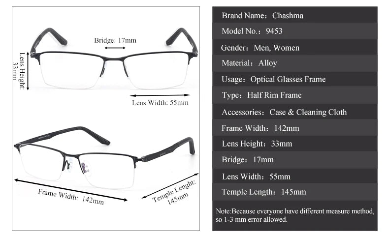 Men's Semi-Rimless Square Alloy Eyeglasses 49453 - Lightweight Metal Frame Glasses for Work, Reading & Fashion
