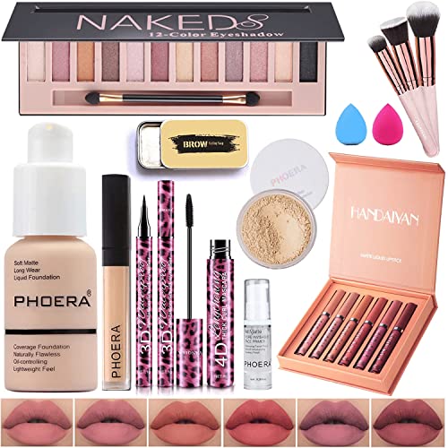 All-in-One Makeup Kit with Naked Eyeshadow Palette, PHOERA Foundation, Lipstick Set, Eyebrow Soap & Waterproof Eyeliner | Complete Makeup Set for Daily Use, Professional Makeup Artists & Special Occasions