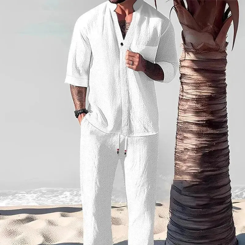 Men's Relaxed Casual Linen Two Piece Set - Comfortable Summer Outfit for Beach, Travel & Lounge Wear