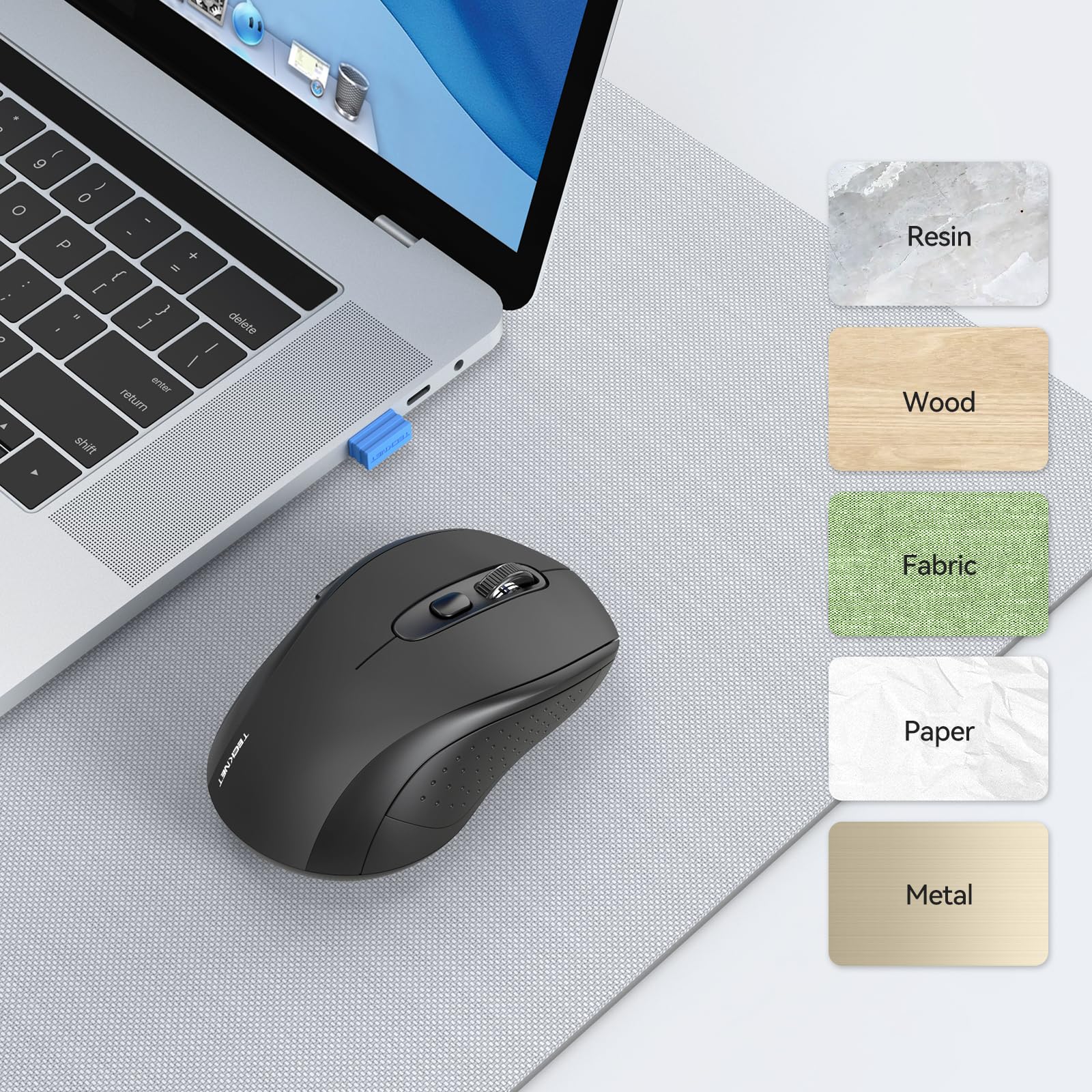 TECKNET Wireless Bluetooth Mouse for MacBook, 2-in-1 (BT 5.0 + 2.4G USB), 4000DPI Rechargeable Mouse - Compatible with Chromebook, Windows PC/Laptop - Black - Perfect for Office, Home & Travel Use