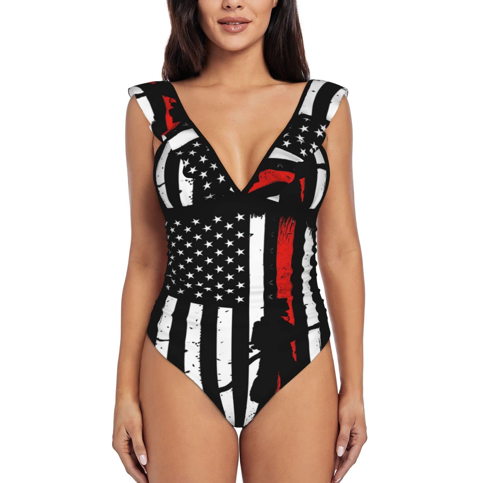 VVGHOPOI Women's Patriotic Firefighter Flag One-Piece Swimsuit with Ruffle Shoulder - Perfect for Beach, Pool, Summer Vacations & Firefighter-Themed Parties