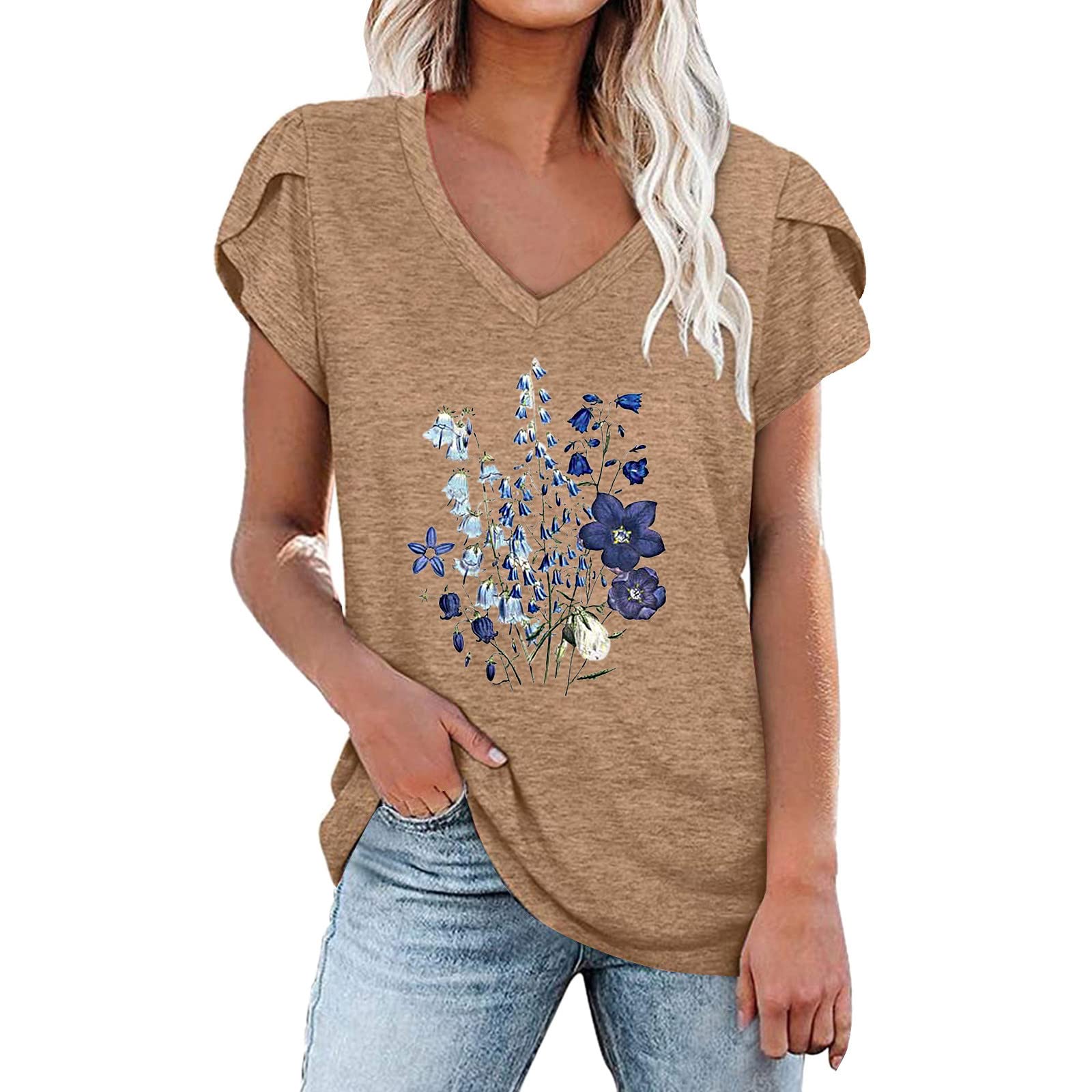 Vintage Graphic Printed Petal Short Sleeve T-Shirts for Women - Cute Summer Tops & Blouses - Perfect for Casual Outings, Beach Vacations, and Everyday Wear