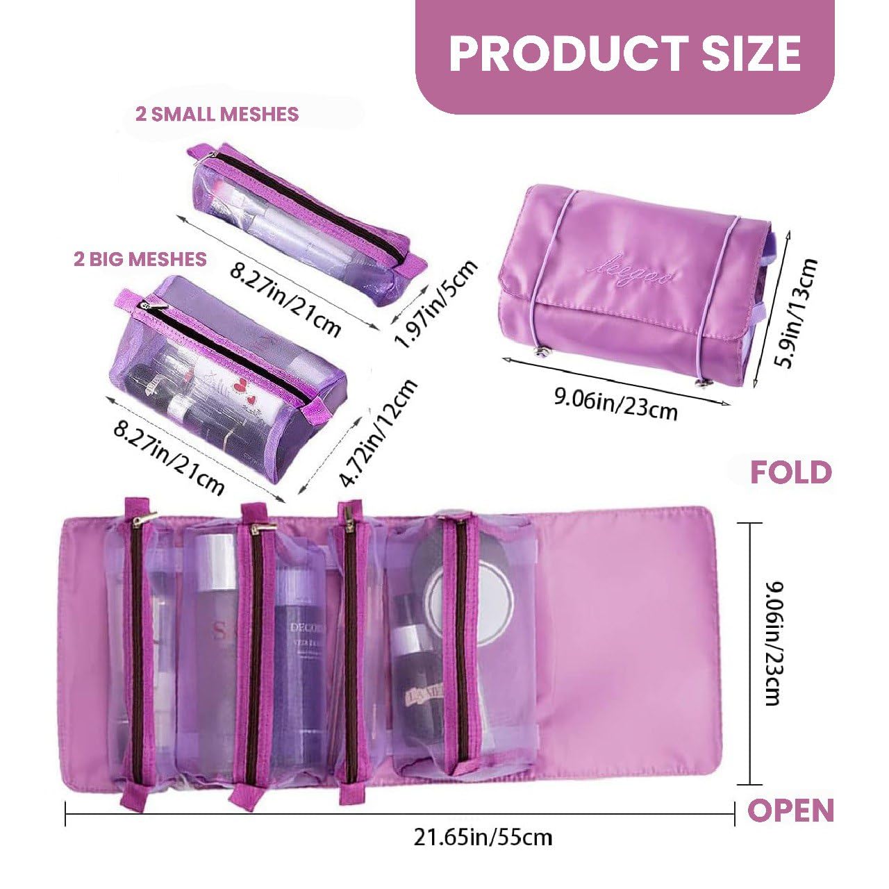 JoaLu Roll Up Hanging Travel Toiletry Bag for Women - Large Waterproof Cosmetic Organizer with Multiple Compartments - Foldable Makeup Storage Bag for Travel, Bathroom & Gym (Pink) - Perfect for Vacation, Camping & Daily Organization