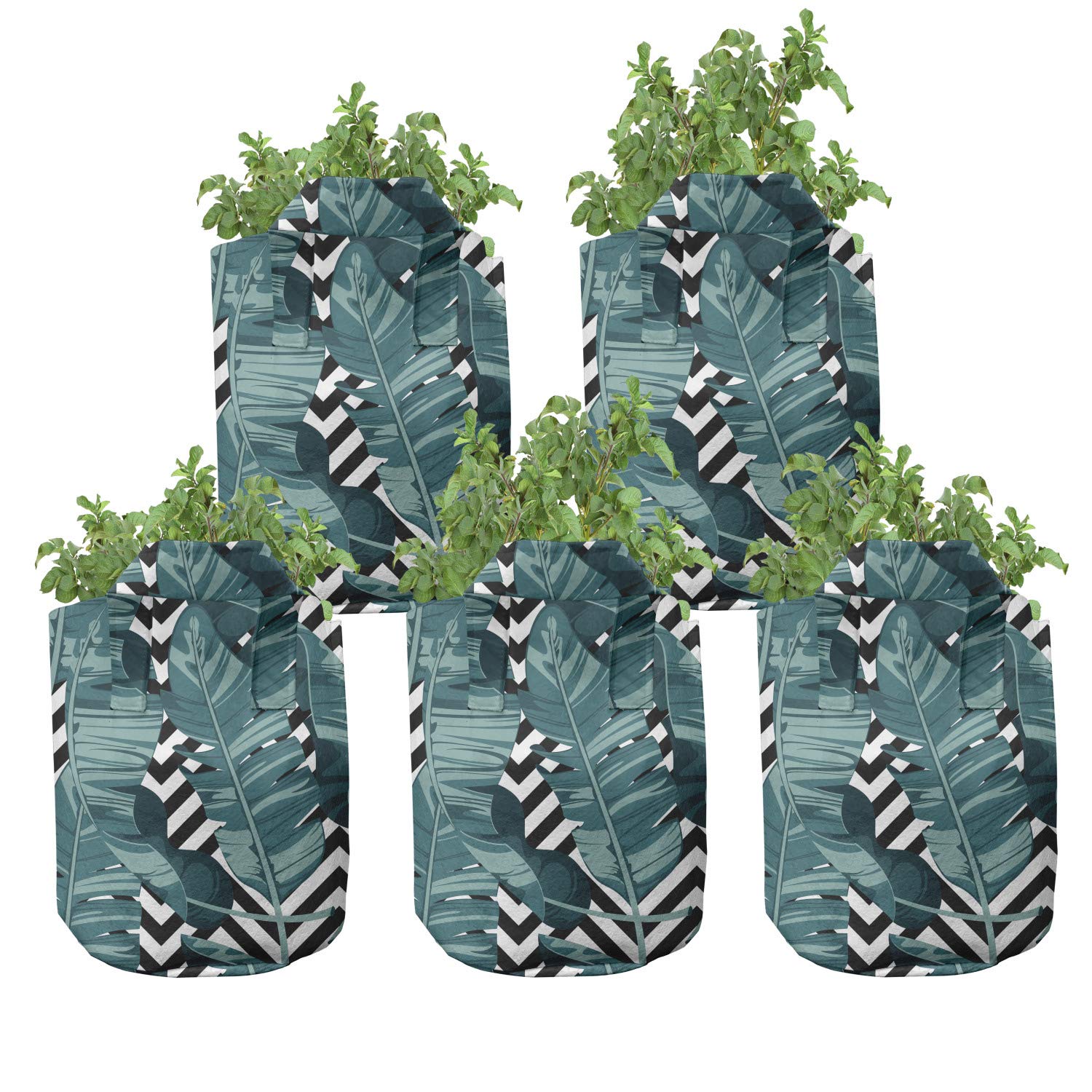 Ambesonne 5-Pack Heavy Duty Fabric Grow Bags with Handles - Tropical Rainforest Foliage Striped Design in Teal Grey - Perfect for Indoor/Outdoor Plants, Vegetables, and Herbs Gardening