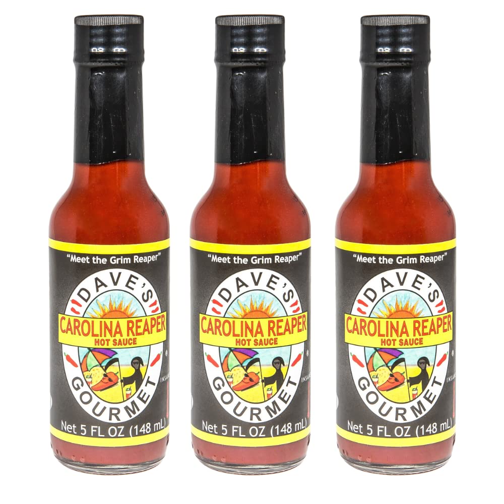 Dave's Gourmet Carolina Reaper Hot Sauce – World's Hottest Pepper Sauce – Extra Spicy & Flavorful – 3 Pack (5oz Bottles) – Perfect for Wings, Tacos, Burgers & BBQ – Great Gift for Hot Sauce Lovers
