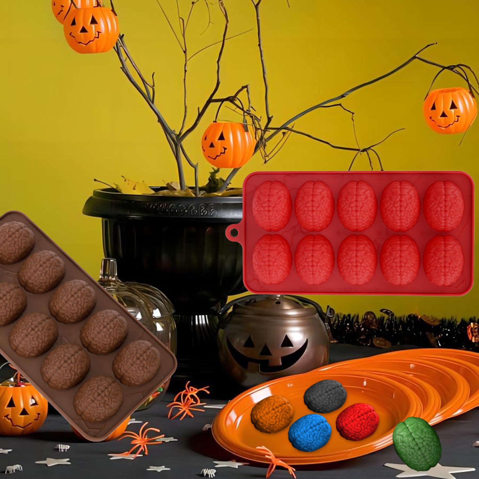 Premium Silicone Brain Chocolate Molds Set of 3 - Small Human Brain Jello Molds for Halloween Baking, Cake Decorating, Cupcake Toppers, Candy Making, Pudding & Jelly Desserts - Perfect for Halloween Parties, Science Themed Events, and Spooky Treats