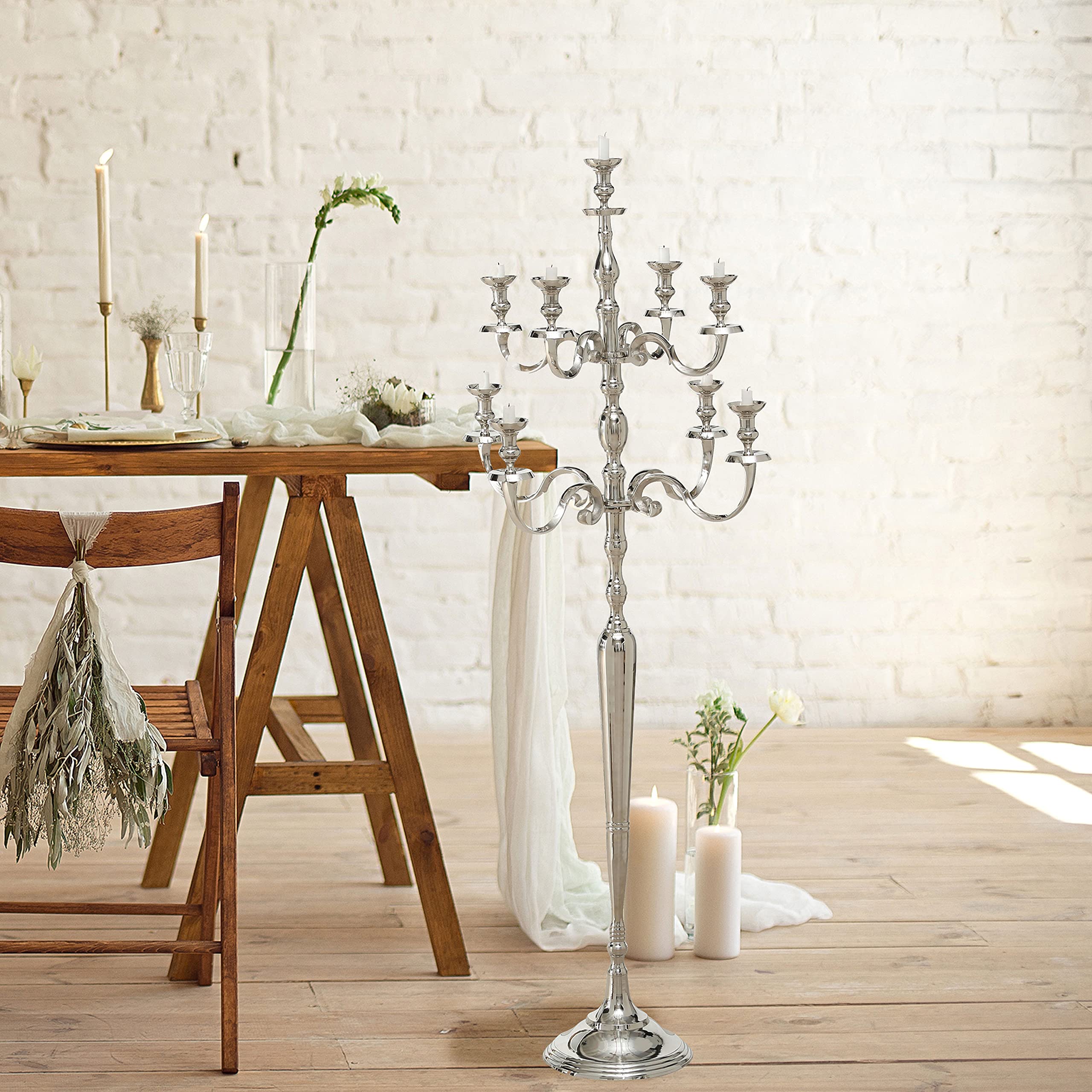 Handcrafted Silver Aluminum Nickel Hamptons Tall Nine Candle Candelabra - 6 Feet (71 Inches/180cm) Height - Elegant Centerpiece for Weddings, Dining Tables & Luxury Home Decor