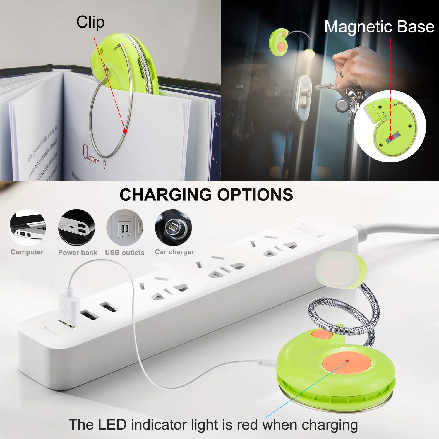Clip-on Book Light for Kids & Travel - 3 Dimmable Brightness Levels, Eye-Friendly Green LED Reading Light - Perfect for Bedtime Stories, Camping & Airplane Reading