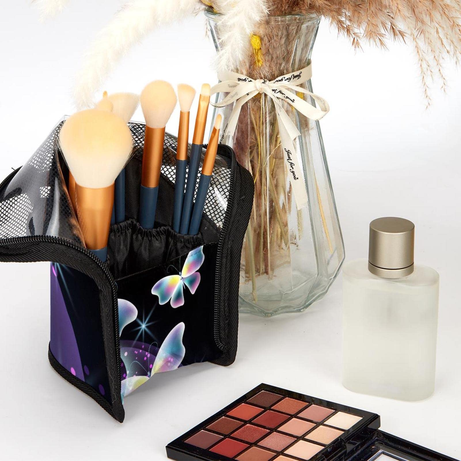 Butterfly Fantasy Makeup Brush Organizer Bag with 12 Brushes - Portable Cosmetic Brush Holder Case for Travel, Home Vanity & Professional Makeup Artists