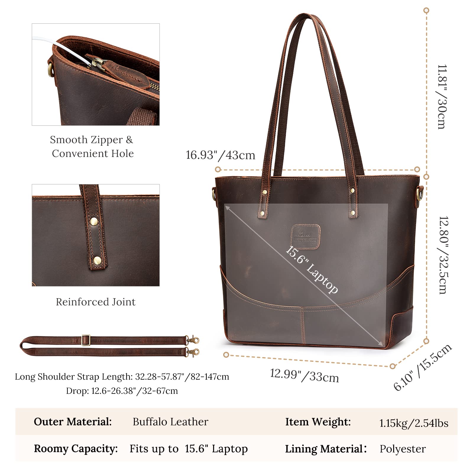 Genuine Leather Tote Bag for Women - Large Crossbody Shoulder Work Purse Handbag - Perfect for Office, Travel & Everyday Use
