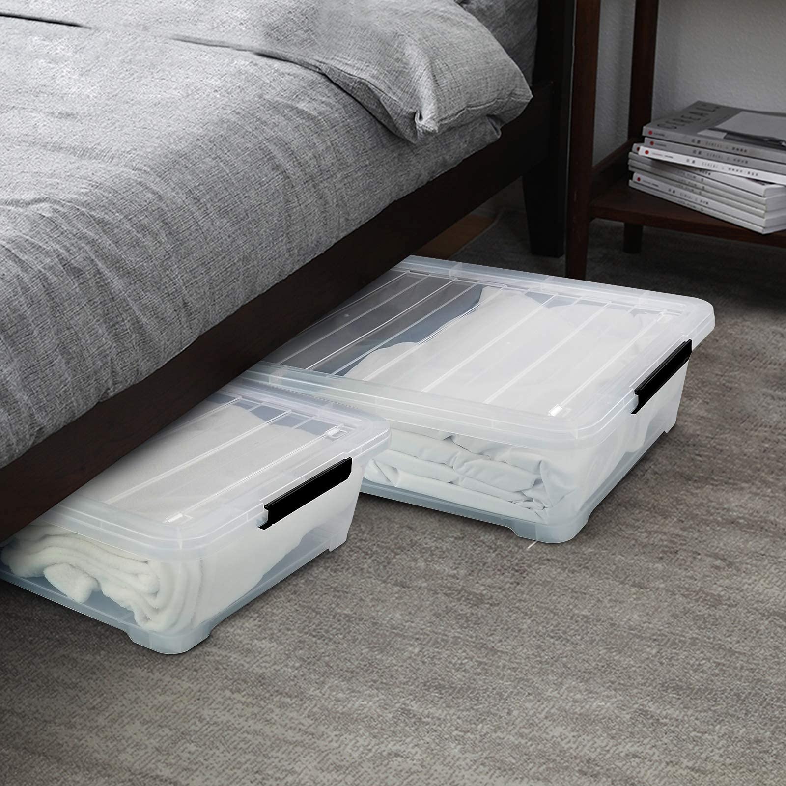 3-Pack Clear Plastic Under Bed Storage Box with Wheels & Latch - 40 Quart Stackable Organizer for Clothes, Shoes, Blankets - Perfect for Bedroom, Closet, Dorm & Small Space Storage Solutions