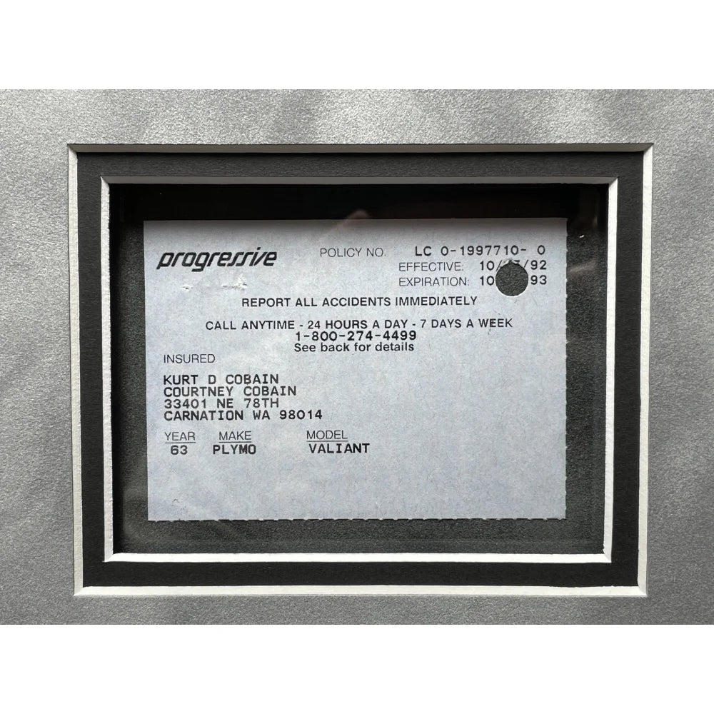 Kurt Cobain Personal Driver's Car Insurance ID Card Framed - Rare Nirvana Memorabilia - Perfect for Music Fans & Collectors