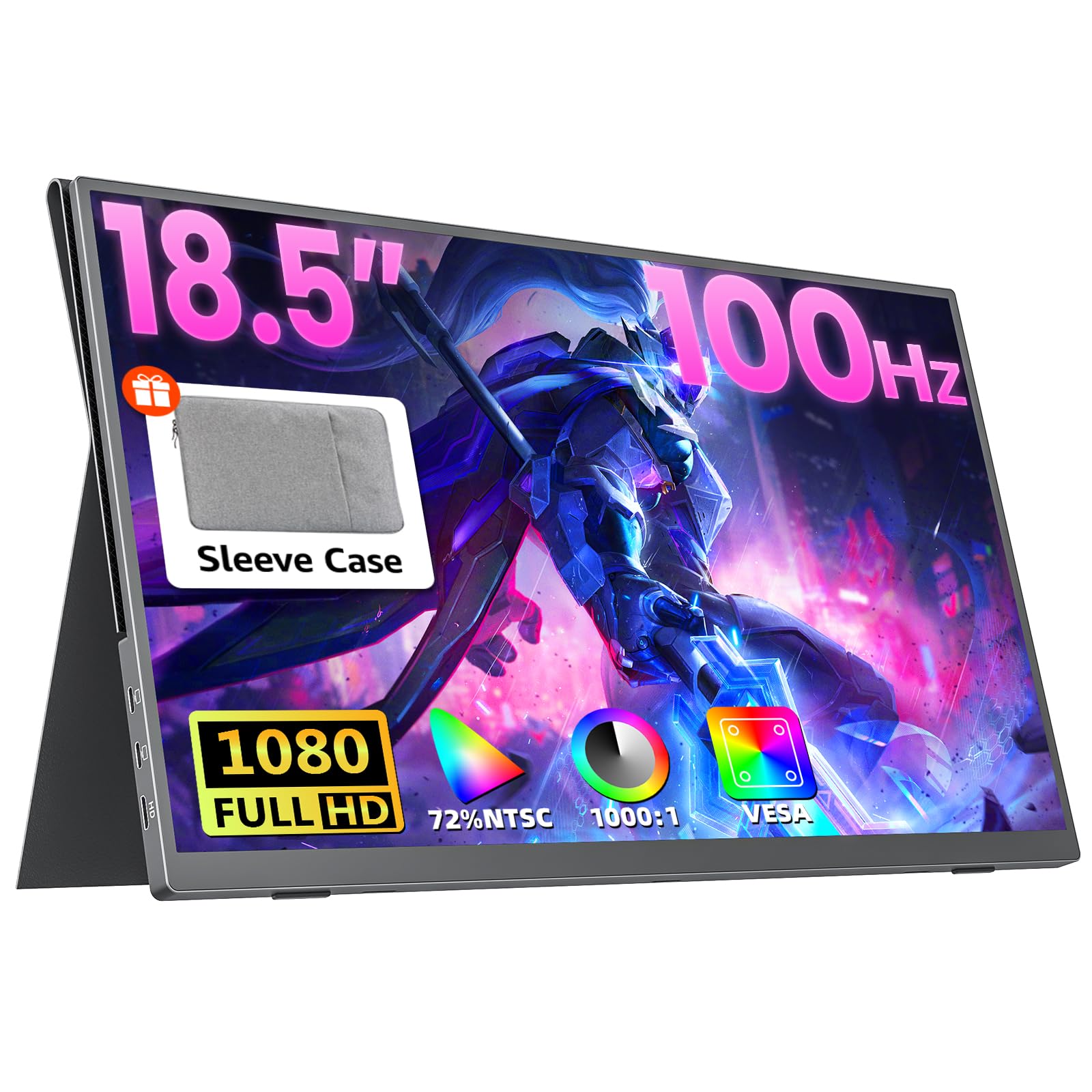 18.5 Inch Portable Monitor - FHD 1920x1080p 100Hz HDR Gaming Screen with 100% sRGB, USB-C & HDMI, VESA Mount - External Second Display for Laptop, MacBook, PC, Xbox, PS5 - Perfect for Work, Gaming & Travel