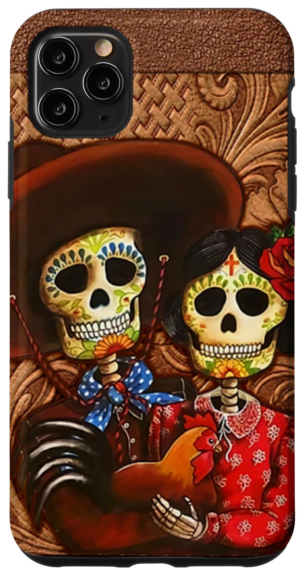 iPhone 11 Pro Max Case - Sugar Skull Design Protective Cover for Couples - Durable PC Material with Happy Wood & Chicken Patterns - Perfect for Halloween, Dia de Los Muertos & Everyday Use