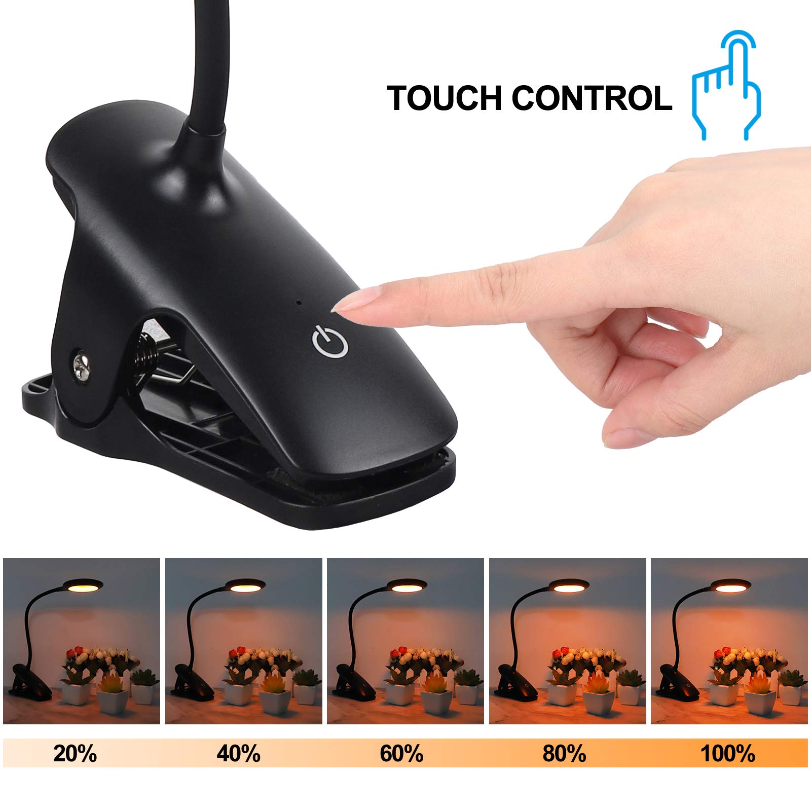Rechargeable Clip-On Reading Light for Bed - Adjustable 5 Brightness Levels, Flexible Neck, Touch Control Dimmable Desk Lamp, Amber Night Light (Black) - Perfect for Reading in Bed, Studying, or as a Gentle Night Light