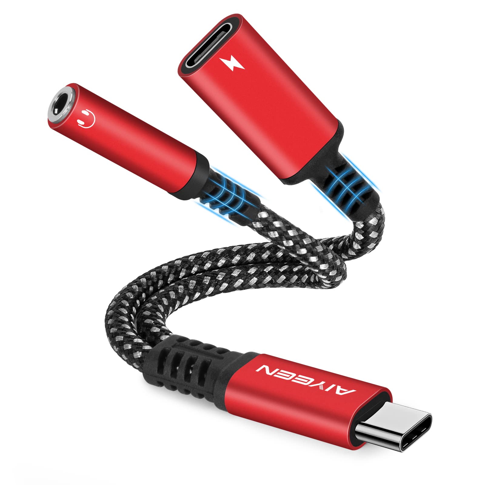 AIYEEN 2-in-1 USB C to 3.5mm Headphone & 60W PD 3.0 Fast Charger Adapter - USB-C Audio Jack & Quick Charge Dongle for Google Pixel, Samsung Galaxy (Red) - Perfect for Travel, Gaming & Charging On-The-Go