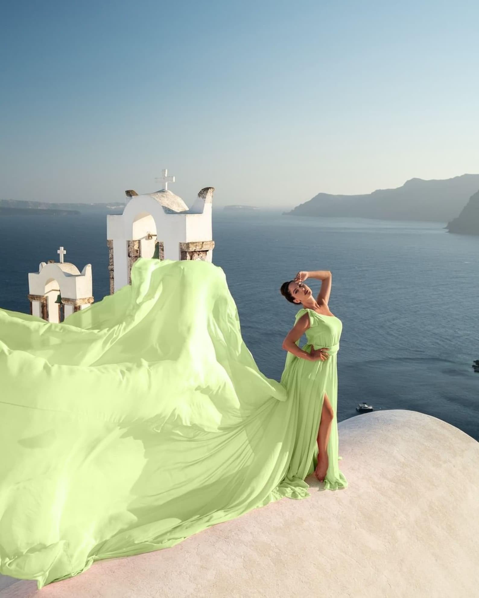 Elegant One Shoulder Long Train Photoshoot Dress - Santorini Flying Dress for Engagement & Wedding Photography | Perfect for Destination Shoots, Beach Weddings, and Romantic Photo Sessions