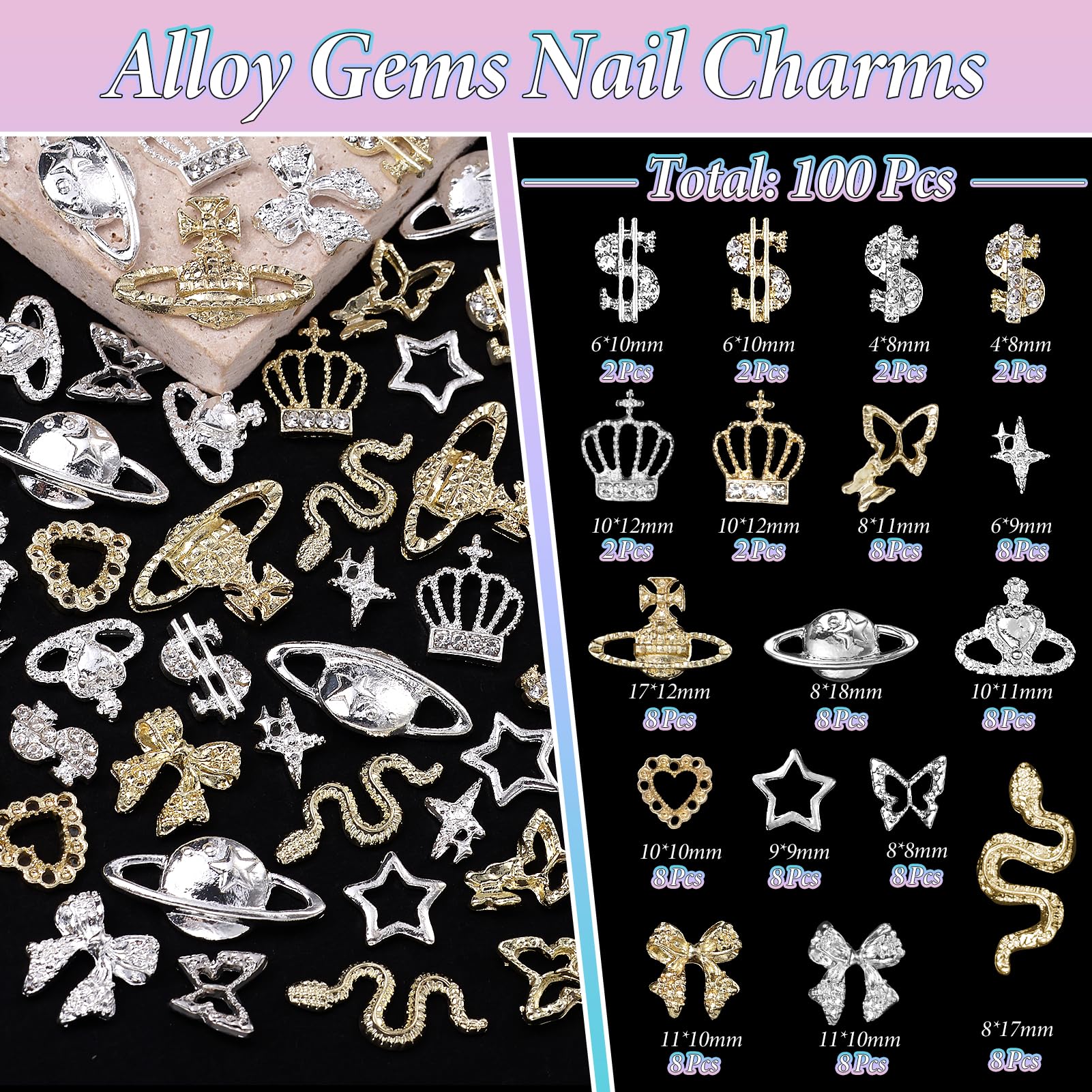 100 Pcs Gold & Silver Star Bow Nail Charms, 3D Crown & Dollar Nail Art Charms, Snake Alloy Nail Decorations for DIY Manicure - Perfect for Parties, Weddings, and Nail Art Enthusiasts