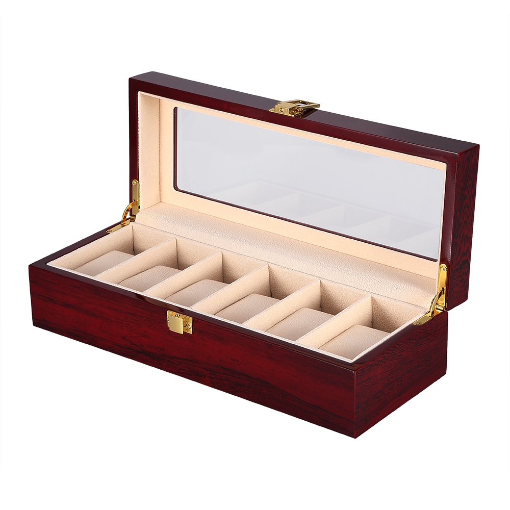 Premium Kranich 6-Slot Wooden Watch Box with Glass Top - Luxury Watch Organizer & Jewelry Display Case for Men & Women - Perfect for Home, Office, and Travel Storage