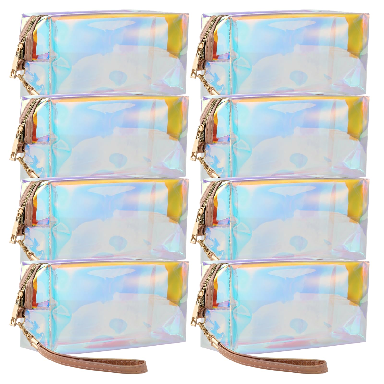 DIMEGON 8 Pcs Holographic Makeup Bags - Iridescent Clear Cosmetic Organizer with Zipper & Wrist Loop | Waterproof Travel Toiletry Pouch for Women | Perfect for Travel, Gym, Beach & Daily Makeup Storage