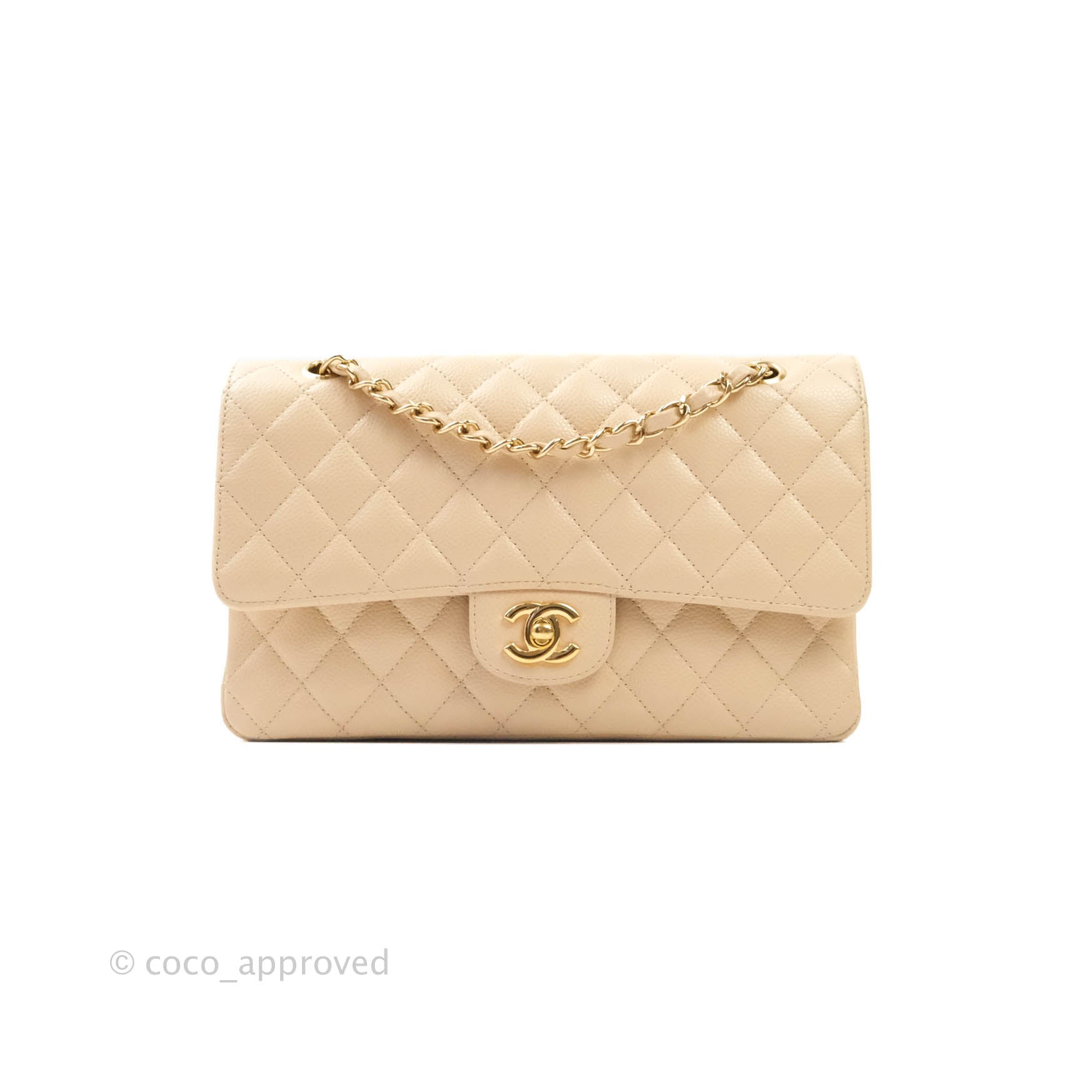 Chanel Classic M/L Medium Double Flap Bag in Beige Caviar Leather with Gold Hardware - Luxury Handbag for Women, Perfect for Work, Date Night & Special Occasions