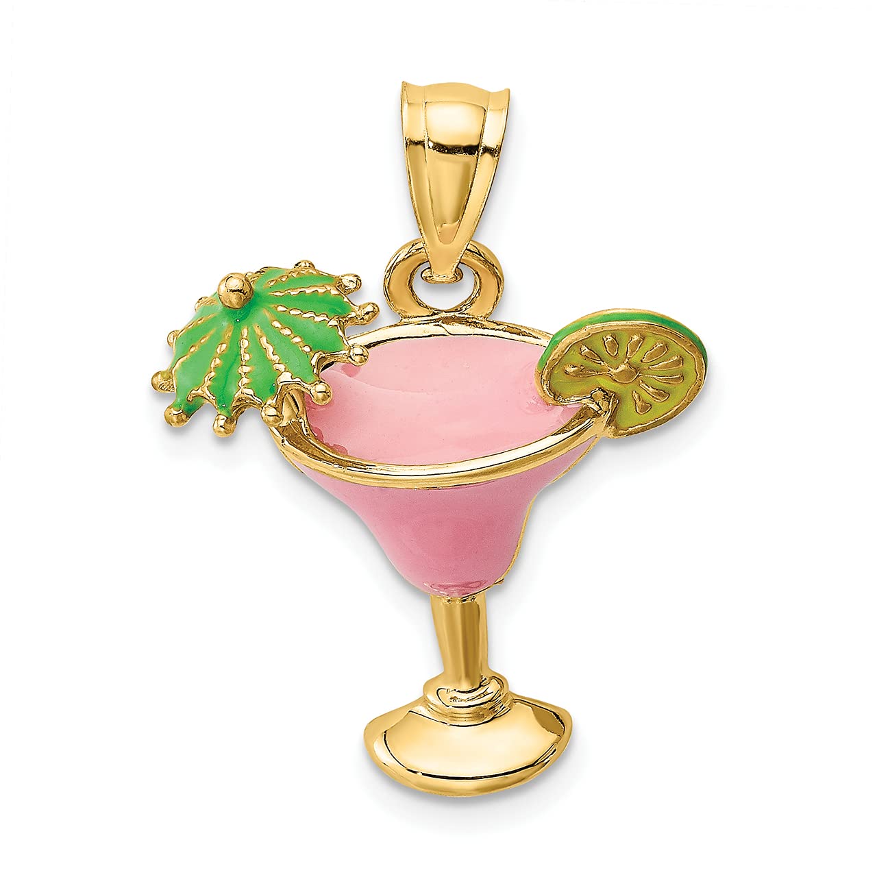 14K Yellow Gold 2D Pink Enamel Margarita Charm with Umbrella & Lime - Lex & Lu Dainty Cocktail Jewelry - Perfect for Beach Vacations, Summer Parties & Gift Giving