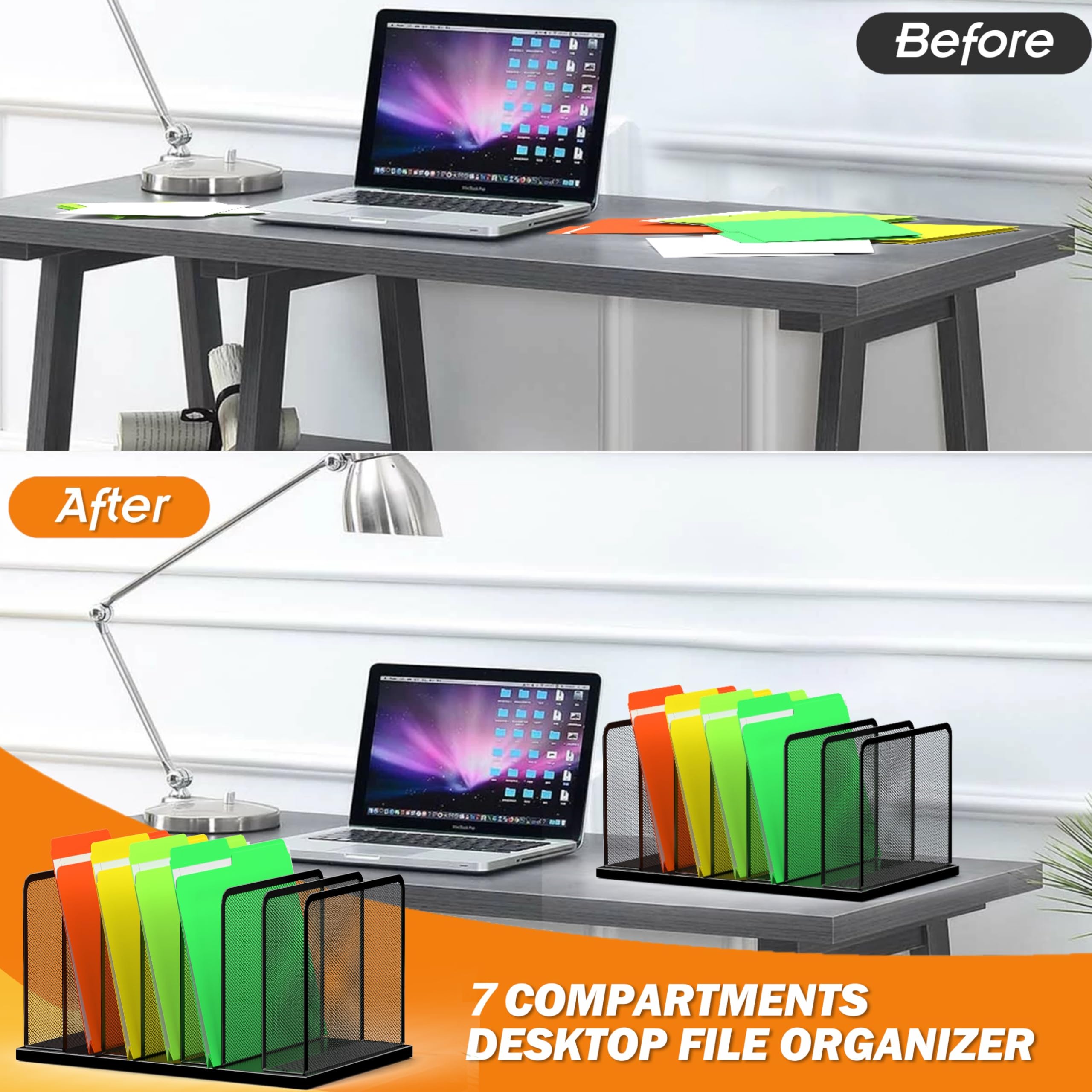 Kuntine.B 7-Slot Mesh Desk File Organizer - Upright Desktop File Sorter for Office Documents, Papers & Folders - Perfect for Home Office, Workplace & Classroom Organization (Space-Saving Storage Solution)