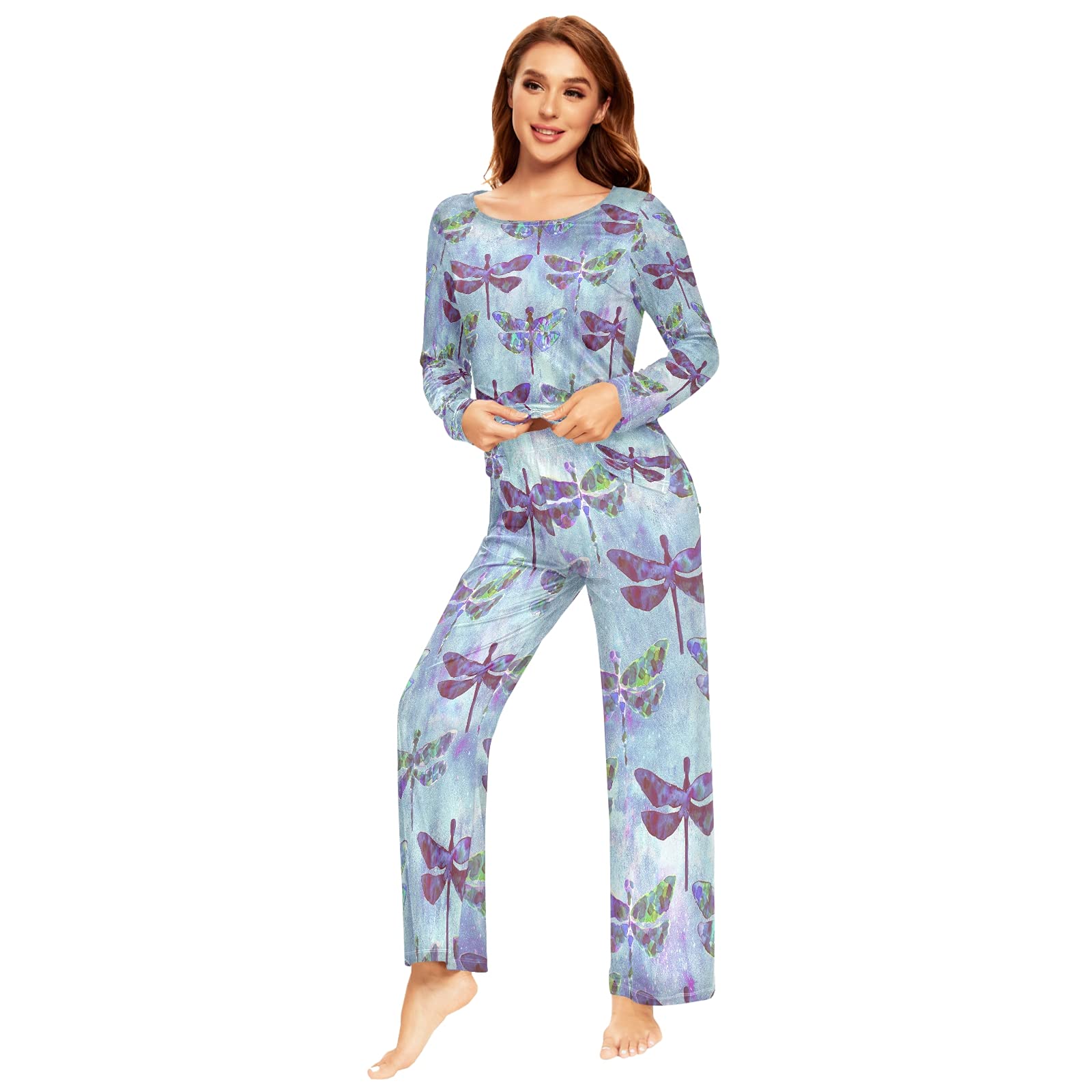 ALAZA Women's Dragonfly Watercolor Pajama Set - Soft 2-Piece Long Sleeve Sleepwear & Lounge Outfit for Cozy Nights, Relaxing at Home, and Gift Giving